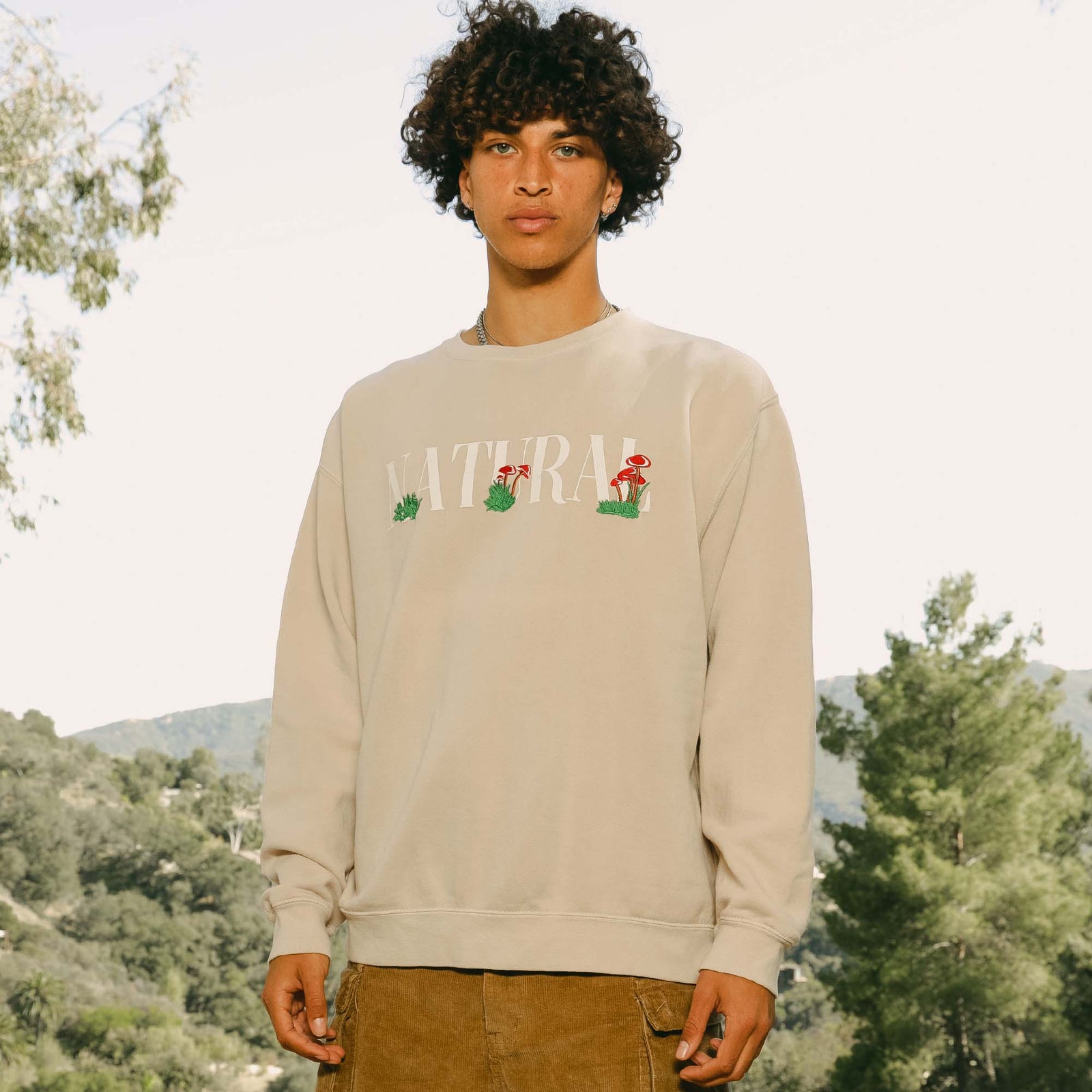 Embroidered Mushroom Fleece Crewneck Sweatshirt