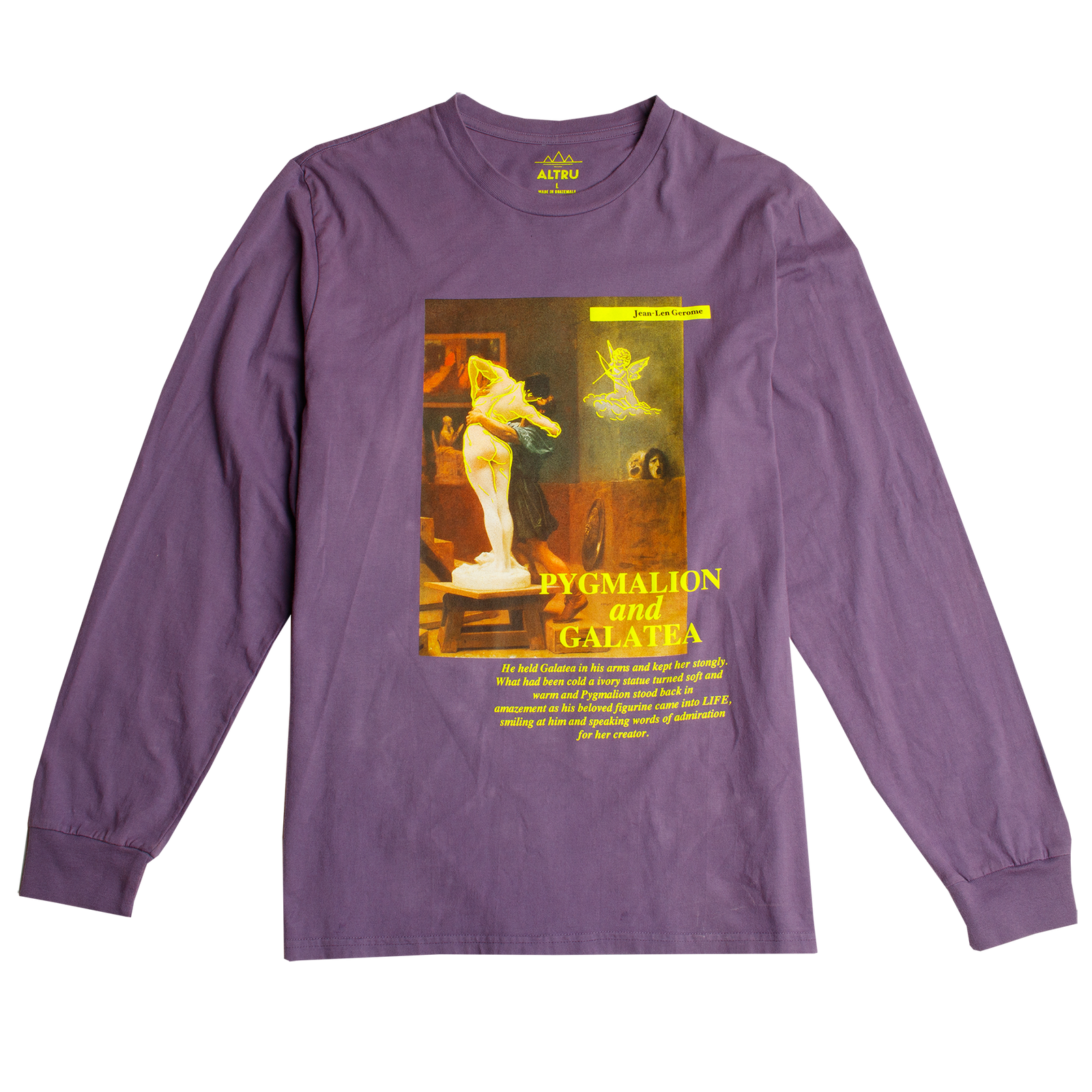 Photo of Altru Apparel classic art long sleeve tee with modern accents on purple standard fit shirt. Screen printed on front chest with 3D puff ink and flat ink. Pygmalion myth story painting screen printed on front chest.