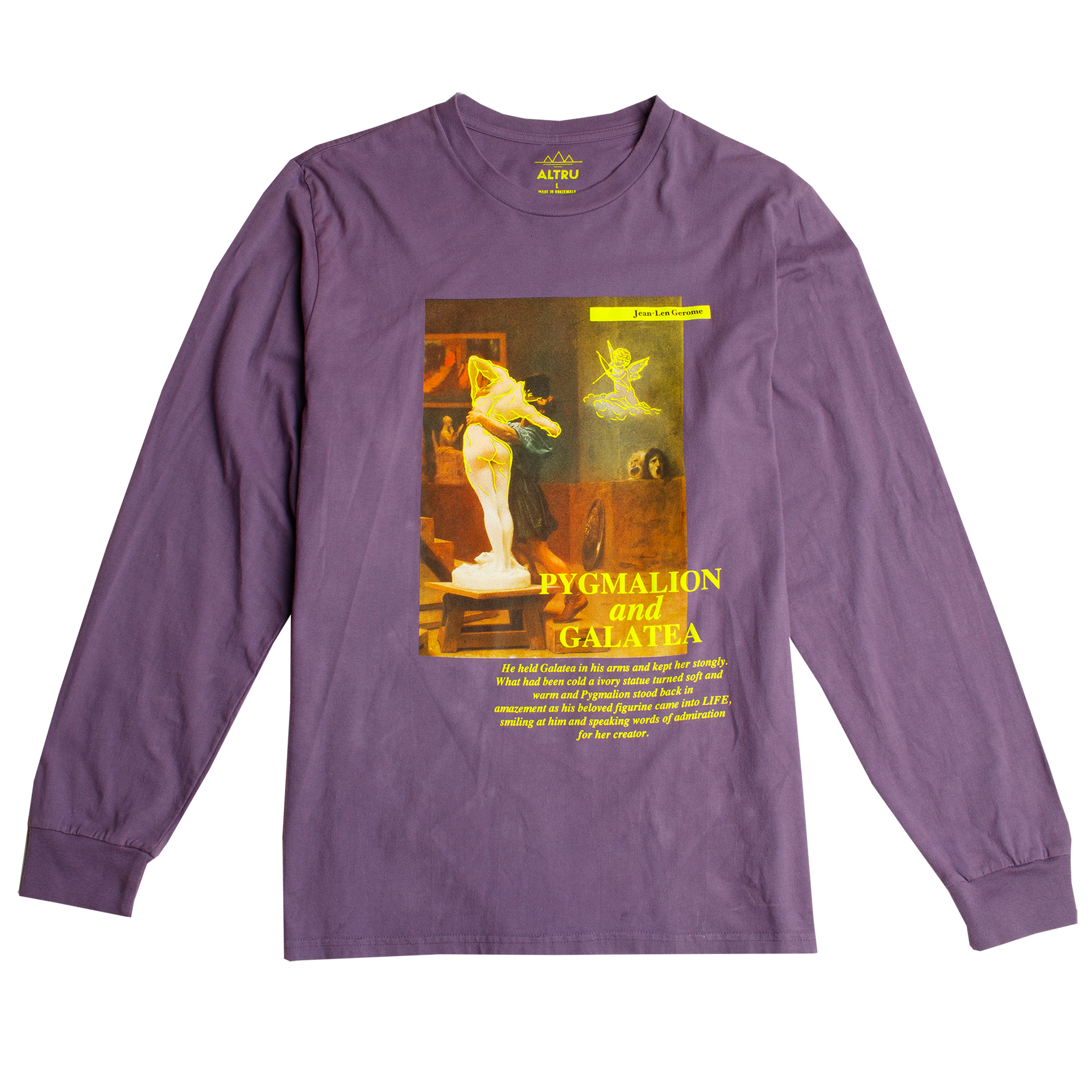 Photo of Altru Apparel classic art long sleeve tee with modern accents on purple standard fit shirt. Screen printed on front chest with 3D puff ink and flat ink. Pygmalion myth story painting screen printed on front chest.