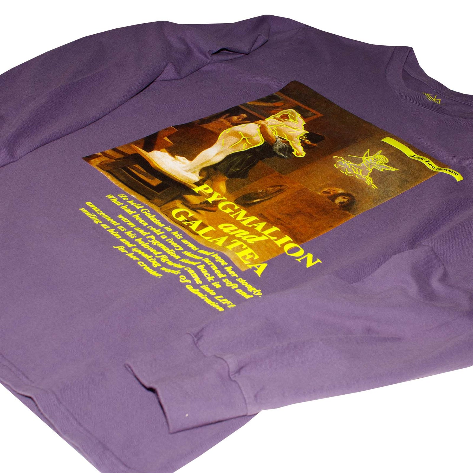 Close-up right angle detail photo of Altru Apparel classic art long sleeve tee with modern accents on purple standard fit shirt. Screen printed on front chest with 3D puff ink and flat ink. Pygmalion myth story painting screen printed on front chest.