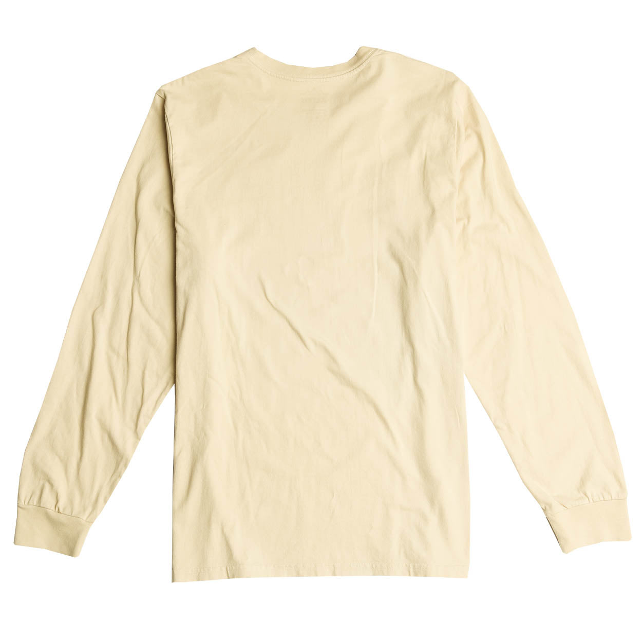 Full back photo of Altru Apparel Classic Pandora painting myth story screen printed graphic on front chest of long sleeve tan shirt with 3D puff ink accents.