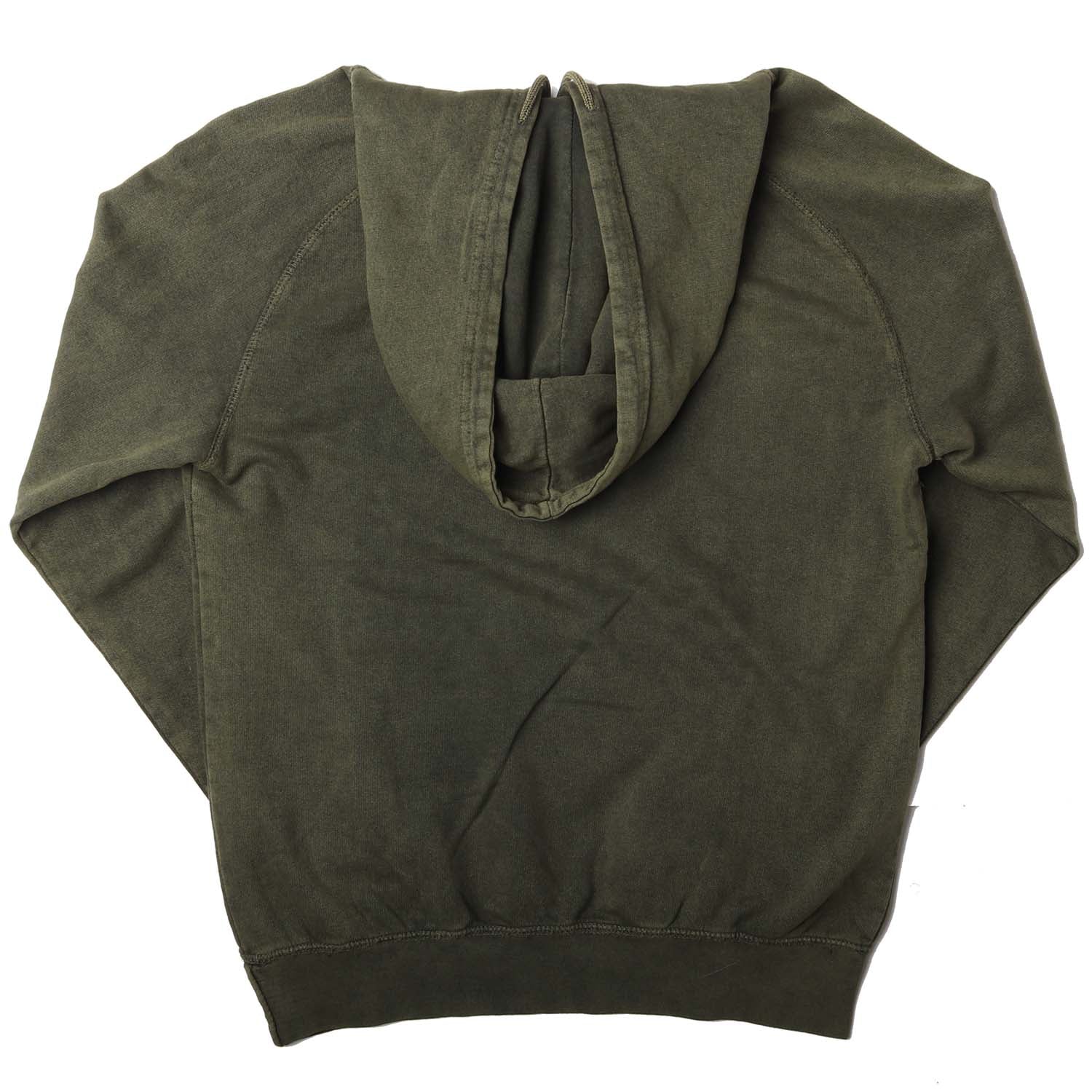 Altru Apparel's Mushroom species graphic screen printed on chest. Pigment dye hoodie processed for a vintage look and feel on a smoke green relaxed fit men's hoodie. Photo of hoodies back.