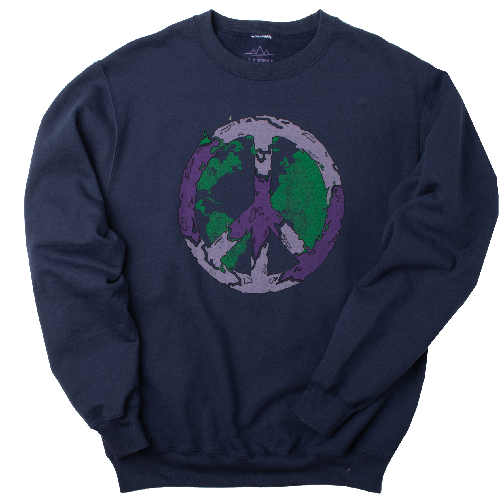 Full front photo of sweatshirt. Peace vibes fleece sweatshirt of Earth covered with the peace sign. Screen printed graphic on front of comfortable navy-blue super soft fleece.