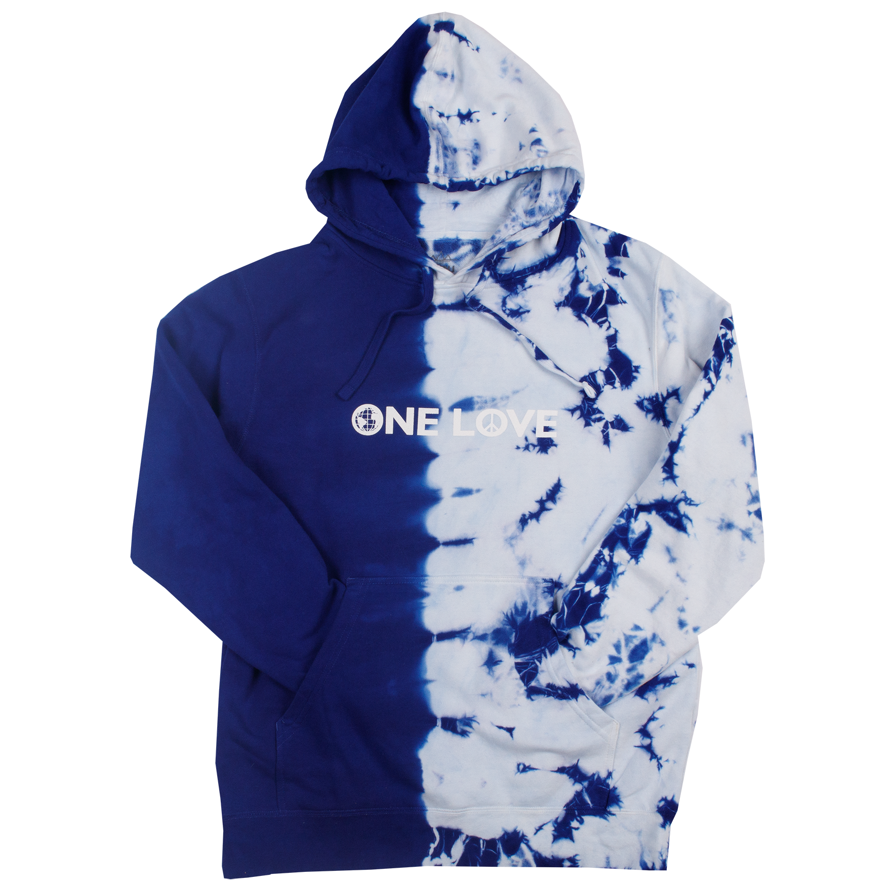 Full front photo of Asymmetrical half tie-dyed blue, white hoodie. The "ONELOVE" text is printed with high density ink.