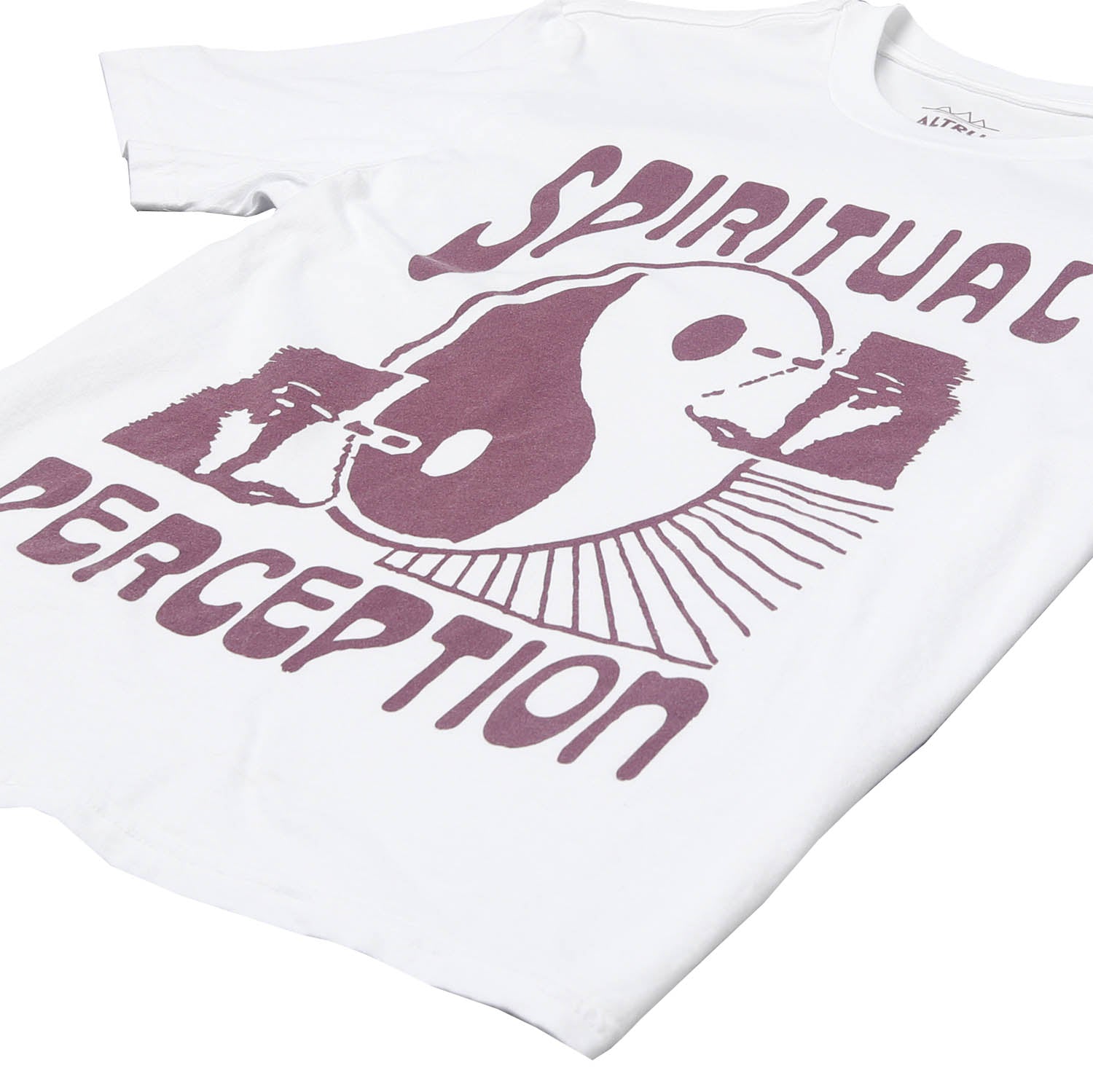 Front angle detail of white graphic tee with a yin yang symbol and text saying spiritual perception