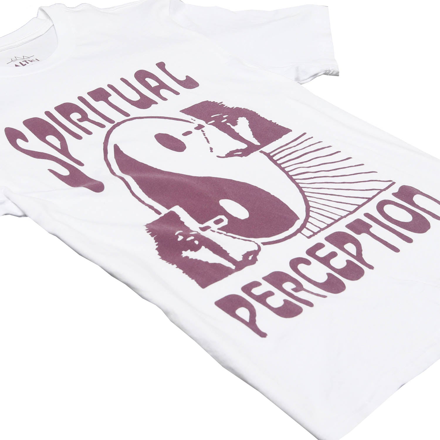 Front 2nd angle of white graphic tee with a yin yang symbol and text saying spiritual perception