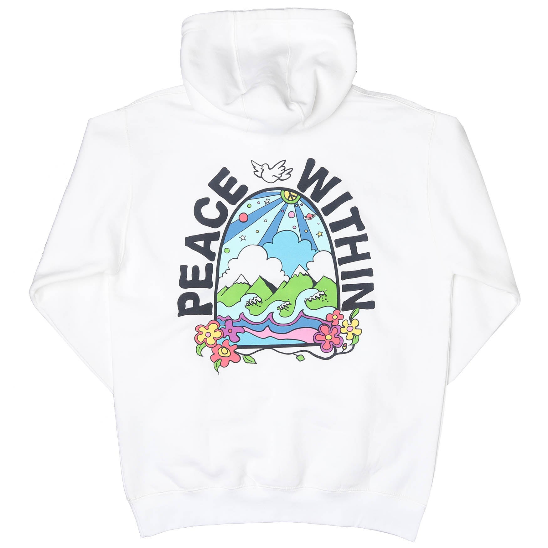 Front of white hoodie with an illustration of dove and flowers graphic on upper right chest