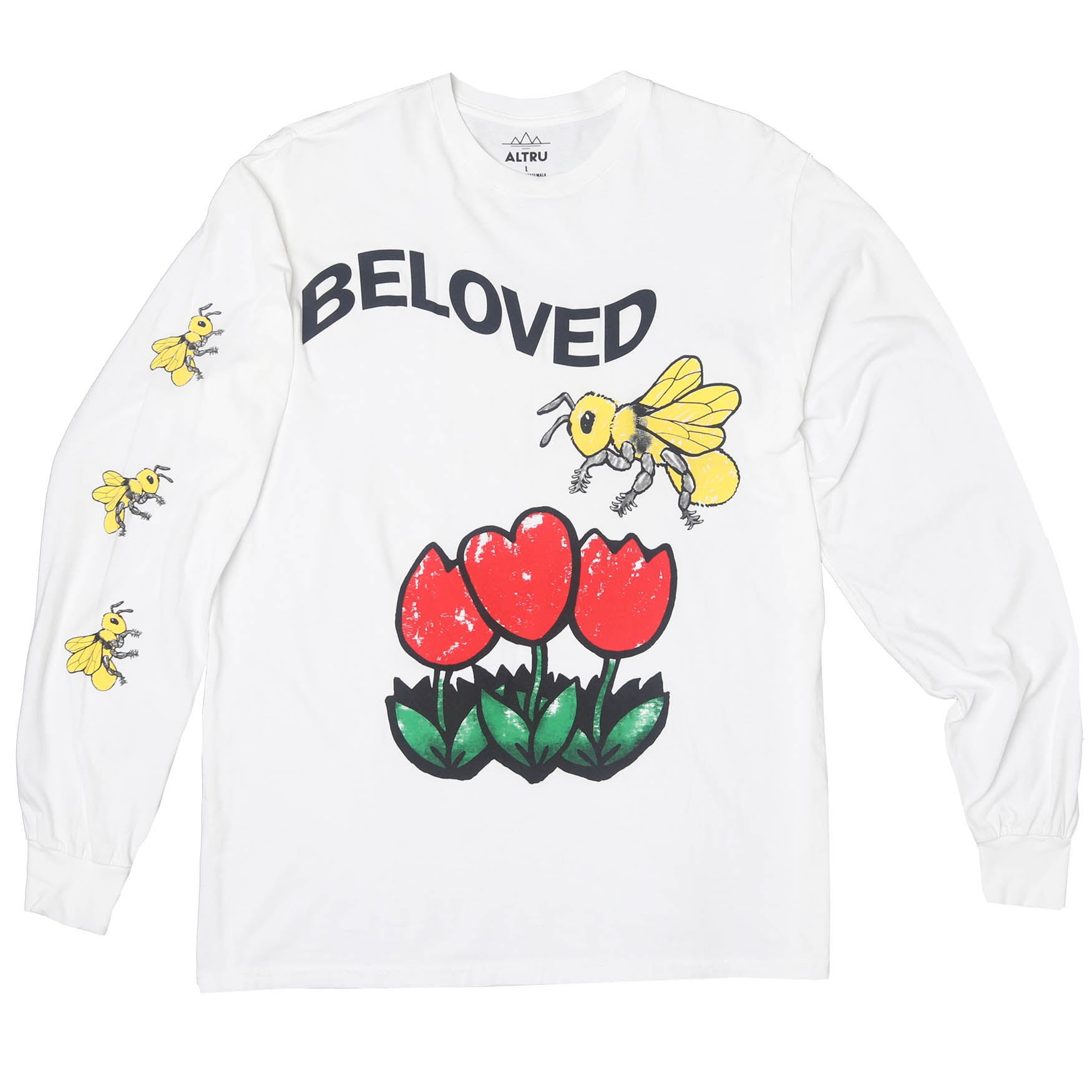 Beloved Tulips Bee L/S T-shirt graphic on front & right sleeve