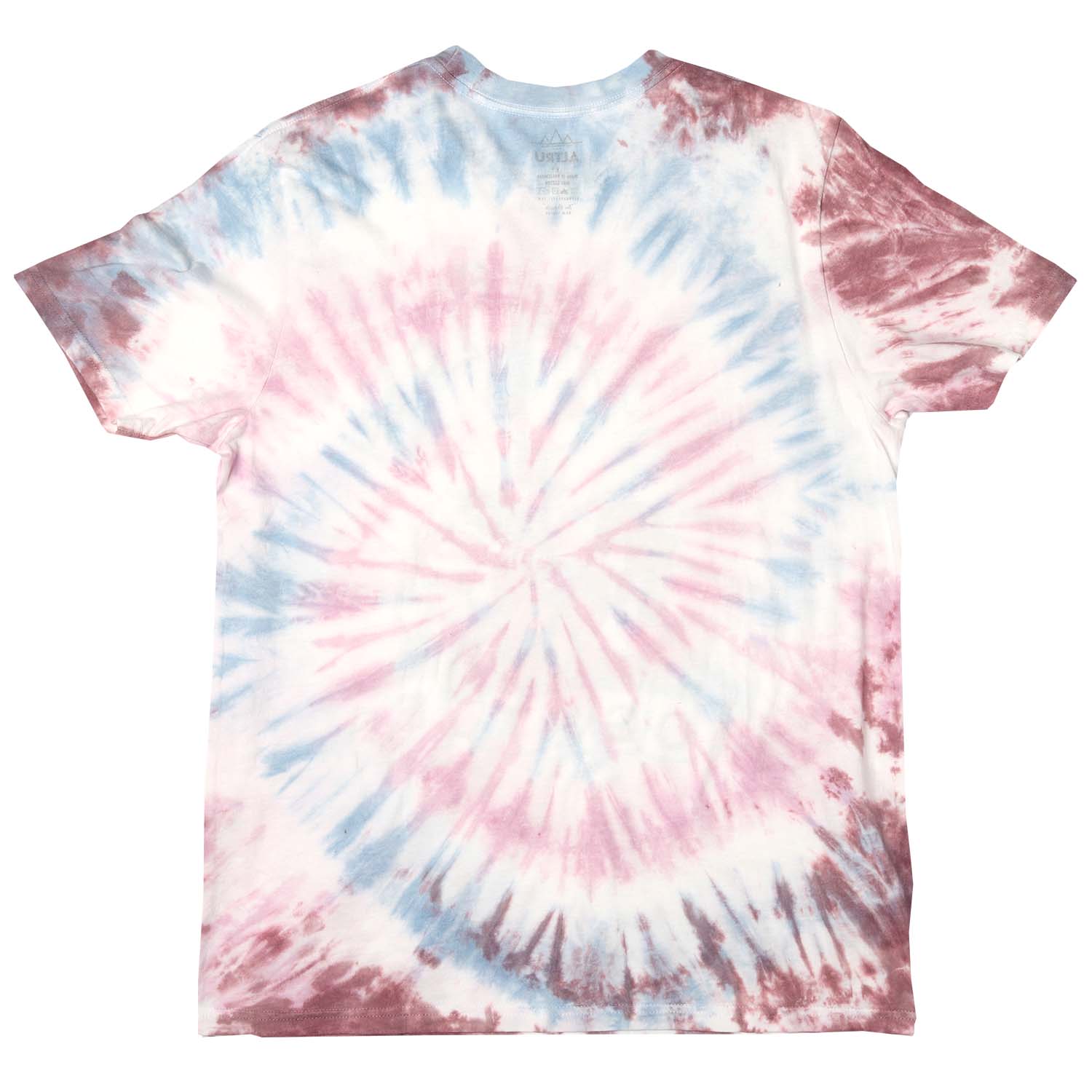 Blank back of tie dye tee with graphic of a teddy bear garden with mushrooms