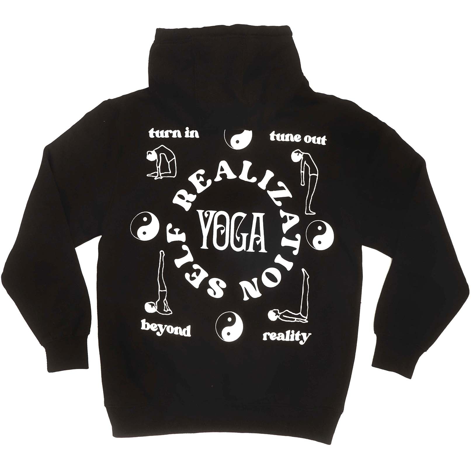 men's graphic black fleece hoodie with yin yang symbols , yoga positions and mental health positive text printed on front and back. Full front photo.