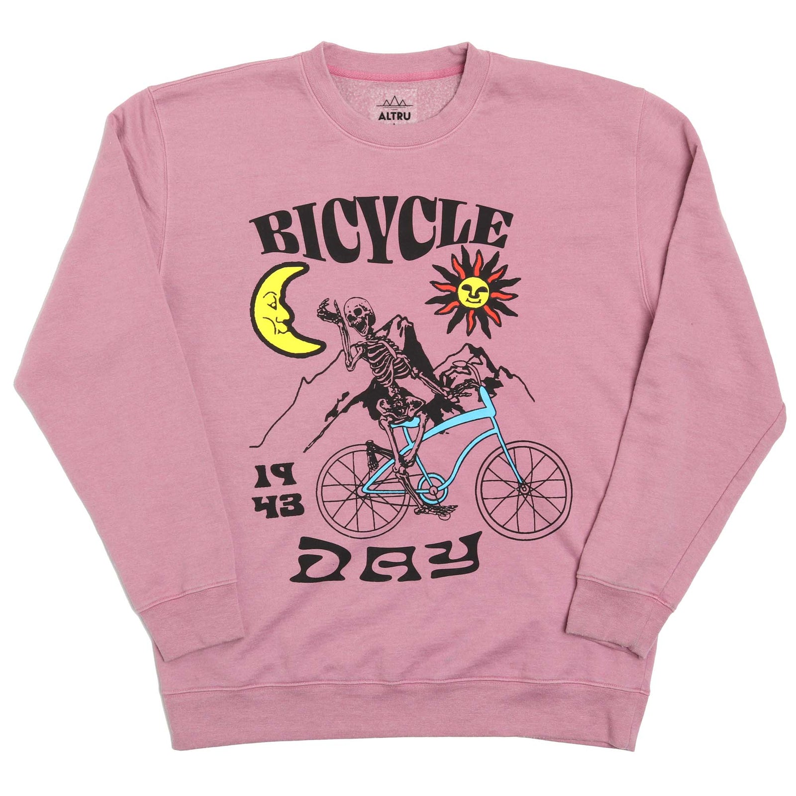 Altru mens purple pink fleece sweatshirt with a skeloton riding a bicycle graphic on front