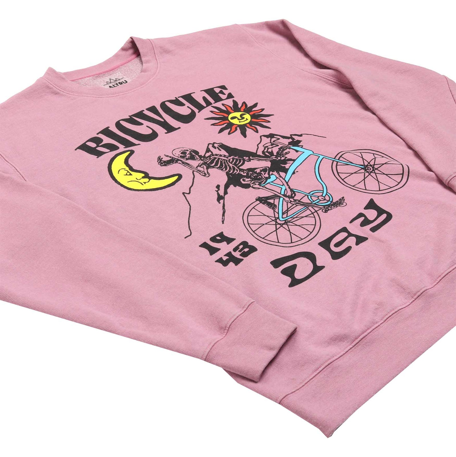 up close detail 3 of Altru mens pink fleece sweatshirt with a skeleton riding a bicycle graphic on front and the text "If the doors of perception were cleansed every thing would appear to man as it is, infinite." printed on the back.