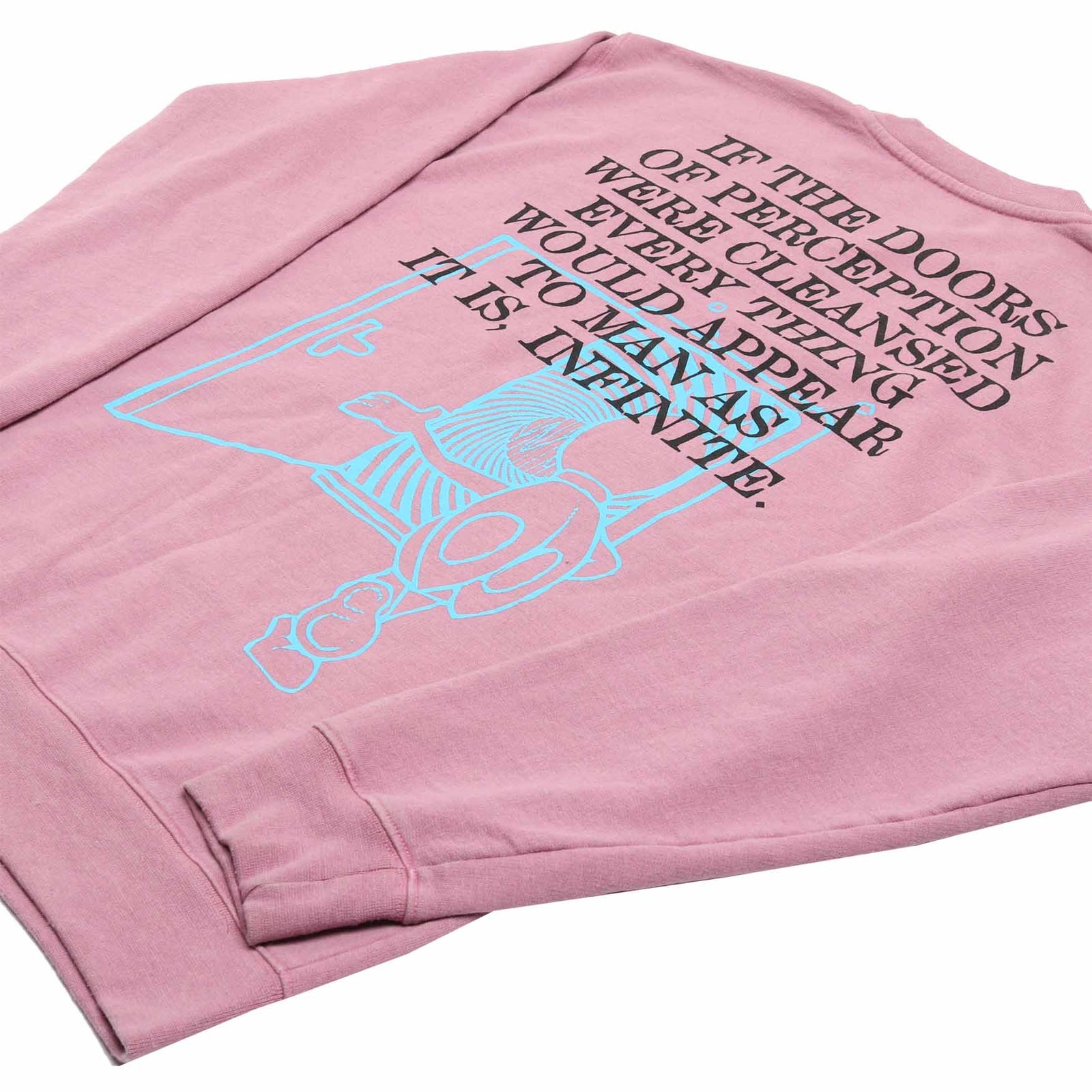 up close detail 4 of Altru mens pink fleece sweatshirt with a skeleton riding a bicycle graphic on front and the text "If the doors of perception were cleansed every thing would appear to man as it is, infinite." printed on the back.