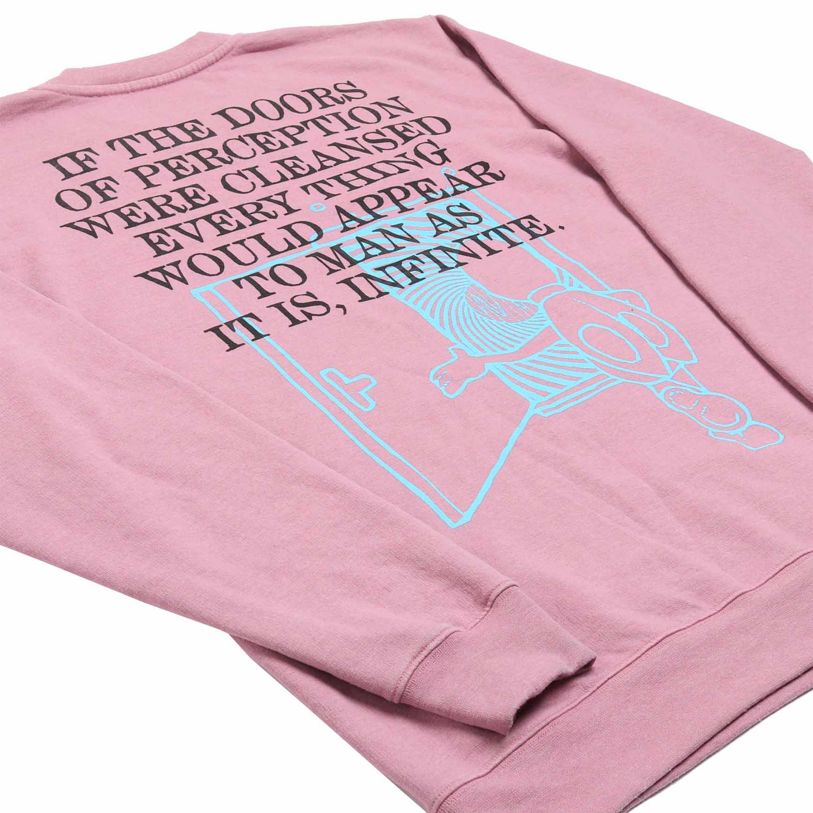 up close detail 5 of Altru mens pink fleece sweatshirt with a skeleton riding a bicycle graphic on front and the text "If the doors of perception were cleansed every thing would appear to man as it is, infinite." printed on the back.
