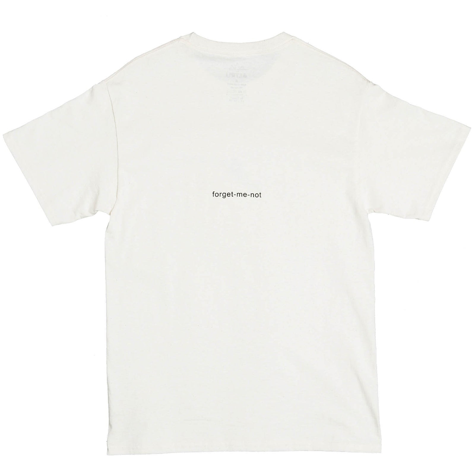 Altru men ivory t-shirt small forget me not printed on lower back full size back