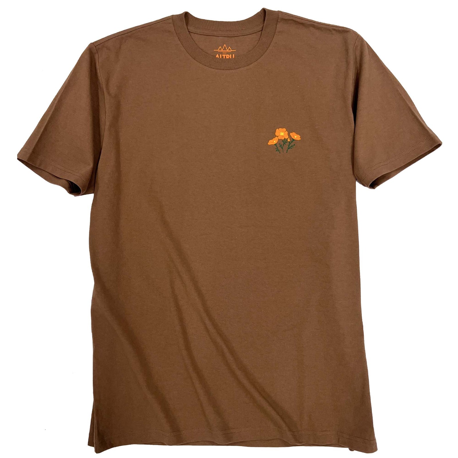 Altru, Small Poppy Embroidery on a brown shirt. front image