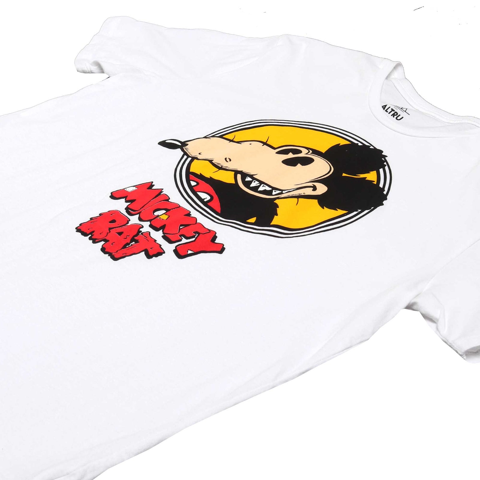 Altru Apparel Mickey Rat classic spotlight pose on white graphic tee by Robert Armstong. T-shirts angle right full front photo