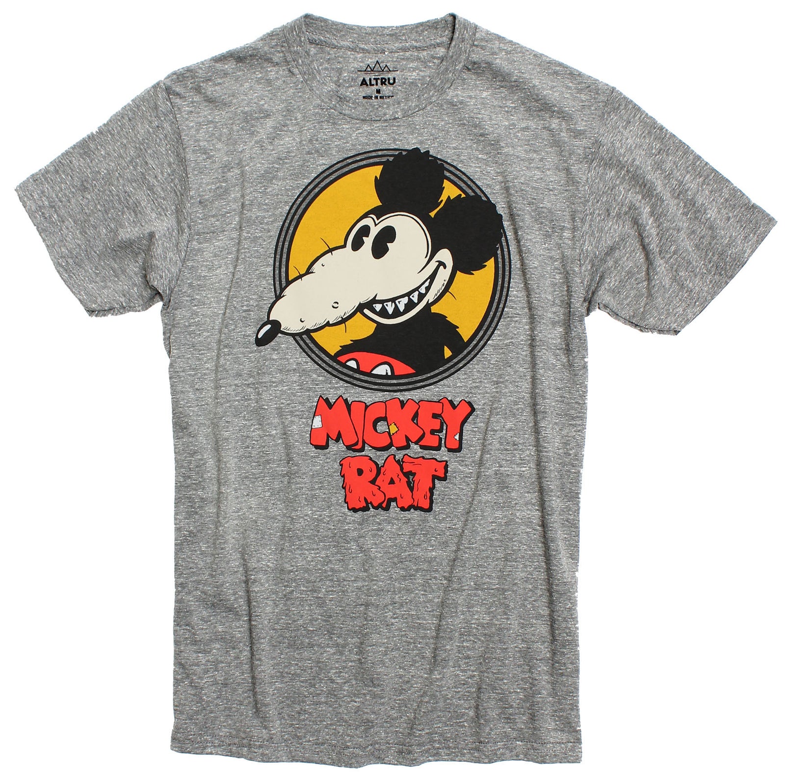 Altru Apparel Mickey Rat classic spotlight pose on grey graphic tee by Robert Armstong. T-shirts Full front photo