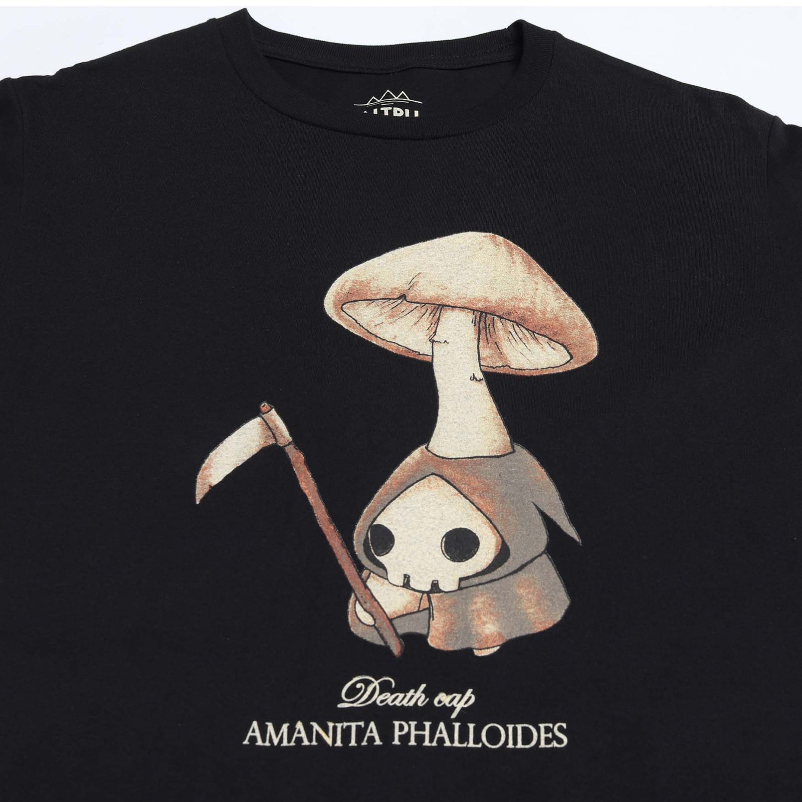 Altru Apparel Death Cap Abi Toad Mushling black tee front close up the art