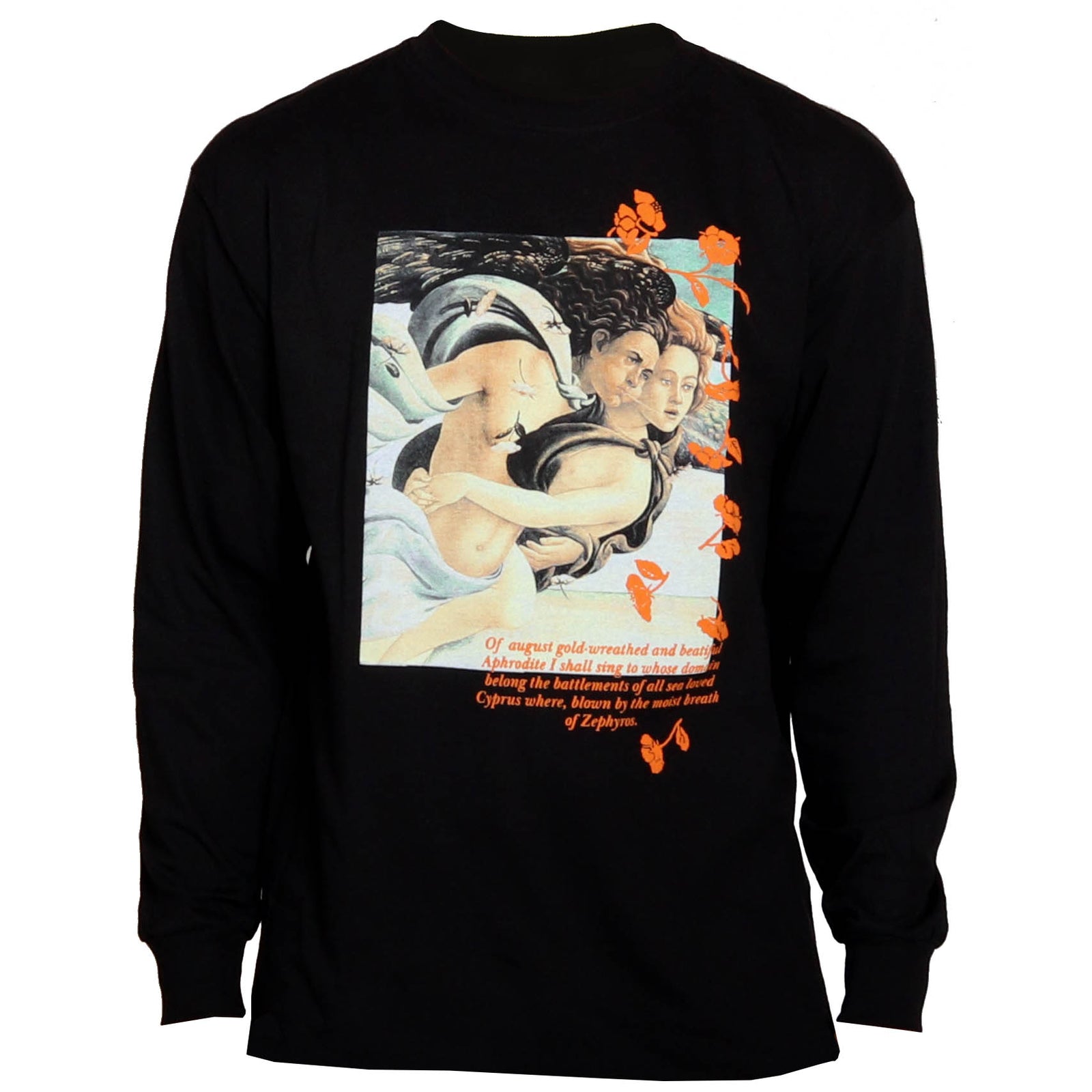 Full front photo of Altru Apparel's Zephyros Aphrodite myth story art painting screen printed on front chest with 3D puff ink and flat ink. Black long sleeve tee cut in a men's standard fit.