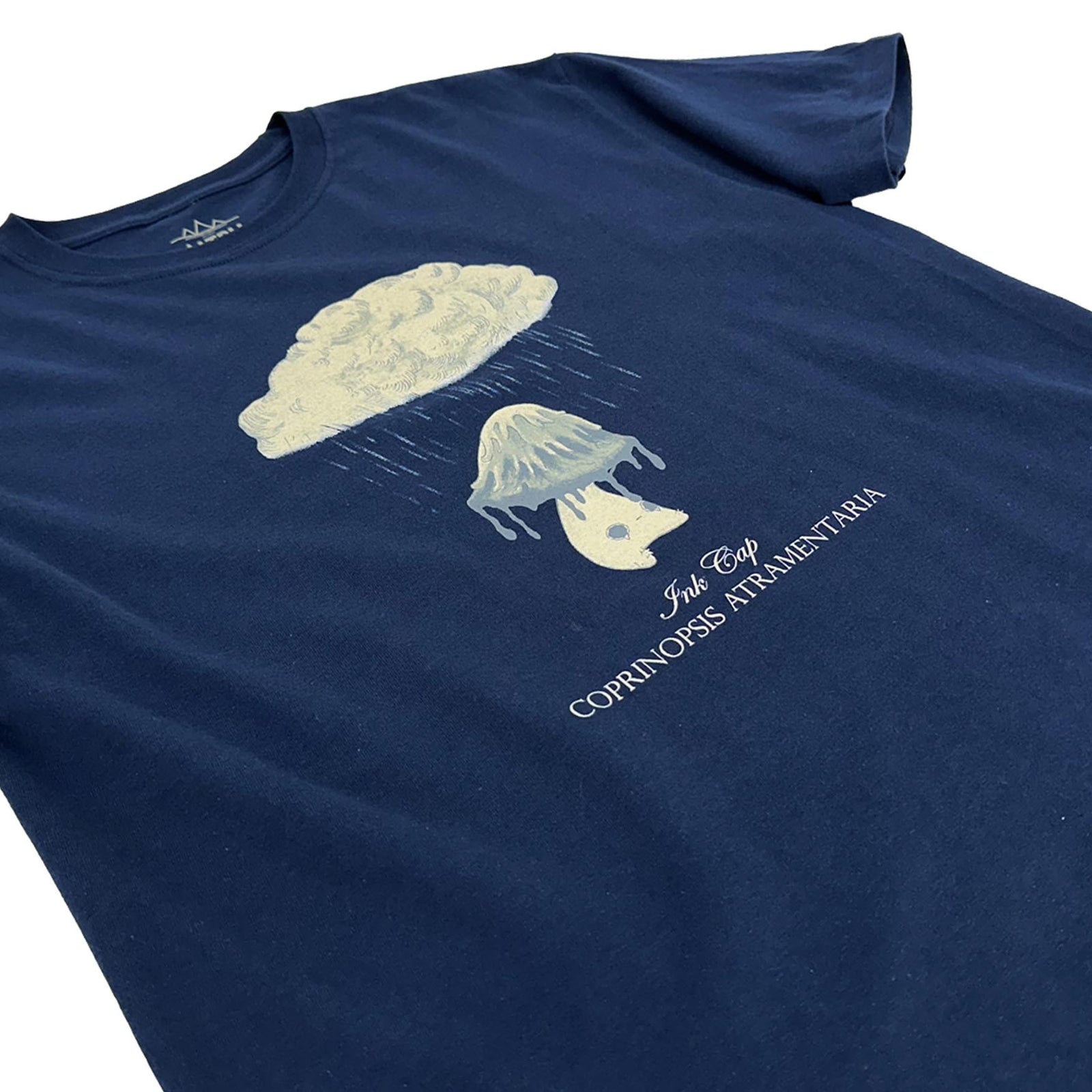 Altru Apparel Ink Cap (Coprinopsis Atramentaria) printed on Navy tee. Front image.
