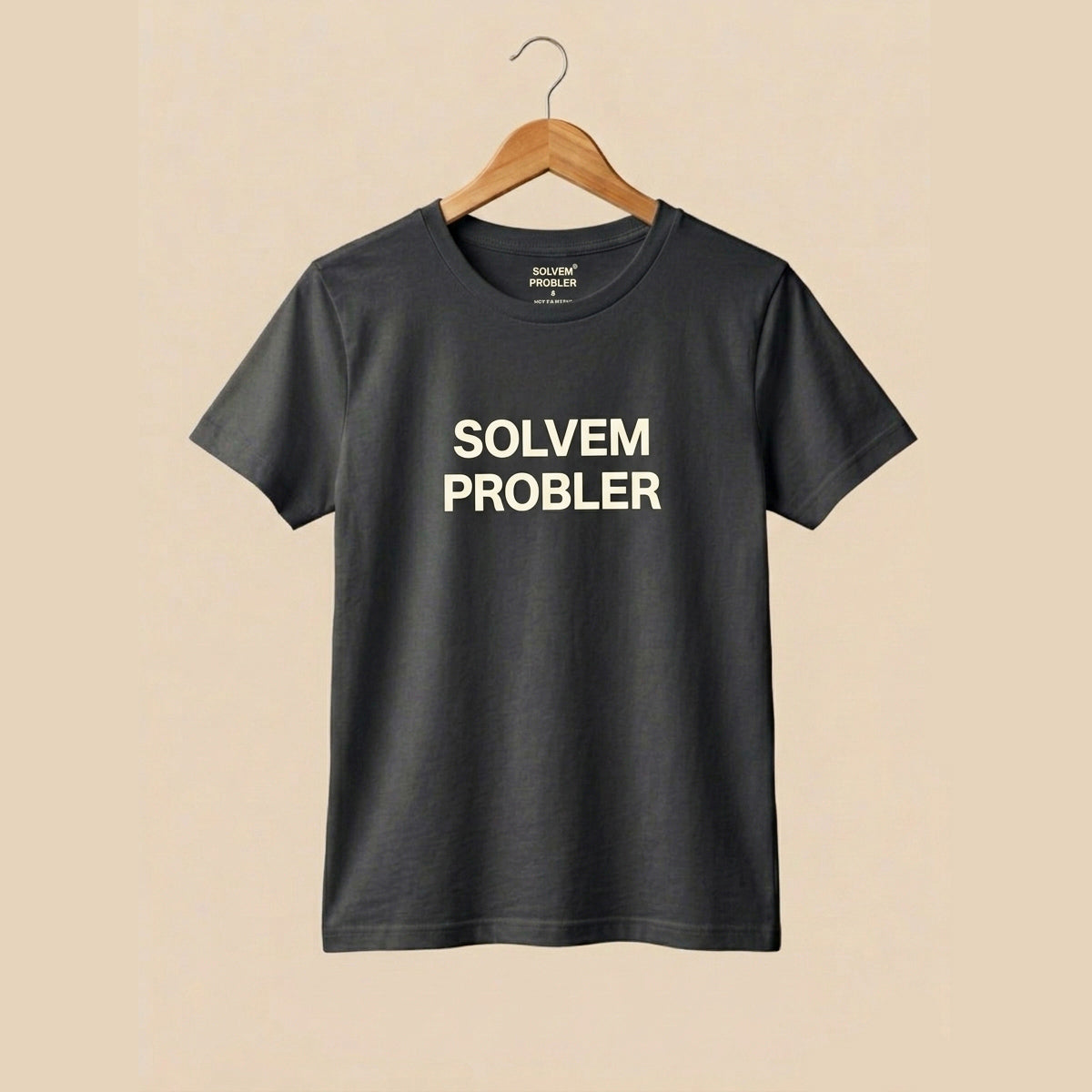 Dark grey women's t-shirt with "SOLVEM PROBLER" on a beige background
