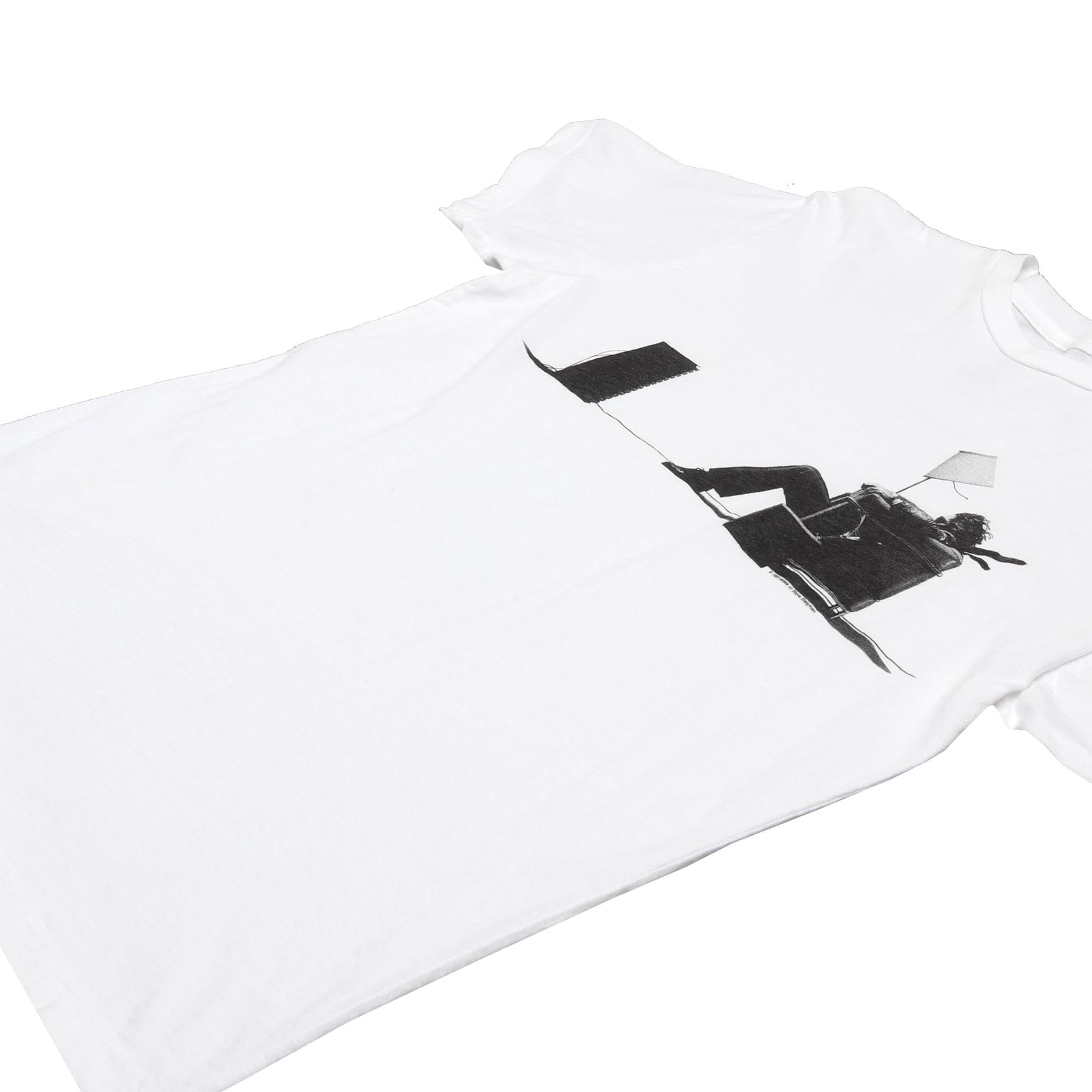 Altru Apparel's tee full front photo of Maxell blown away couch guy. Angled photo right of t-shirt.