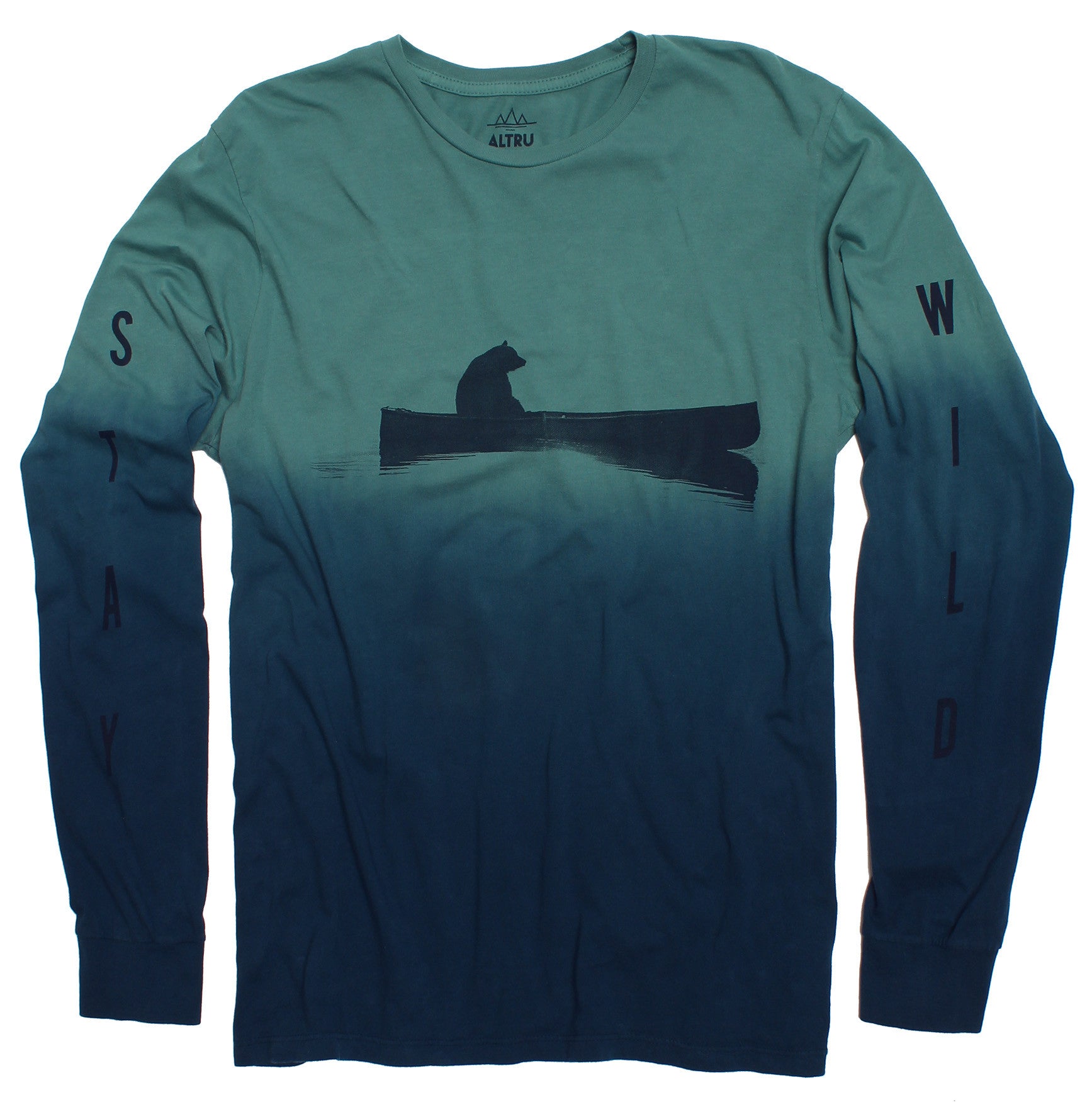 Full photo of a dip dye tye die style long sleeve graphic tee of a bear floating in a canoe with the text stay wild on the sleeves