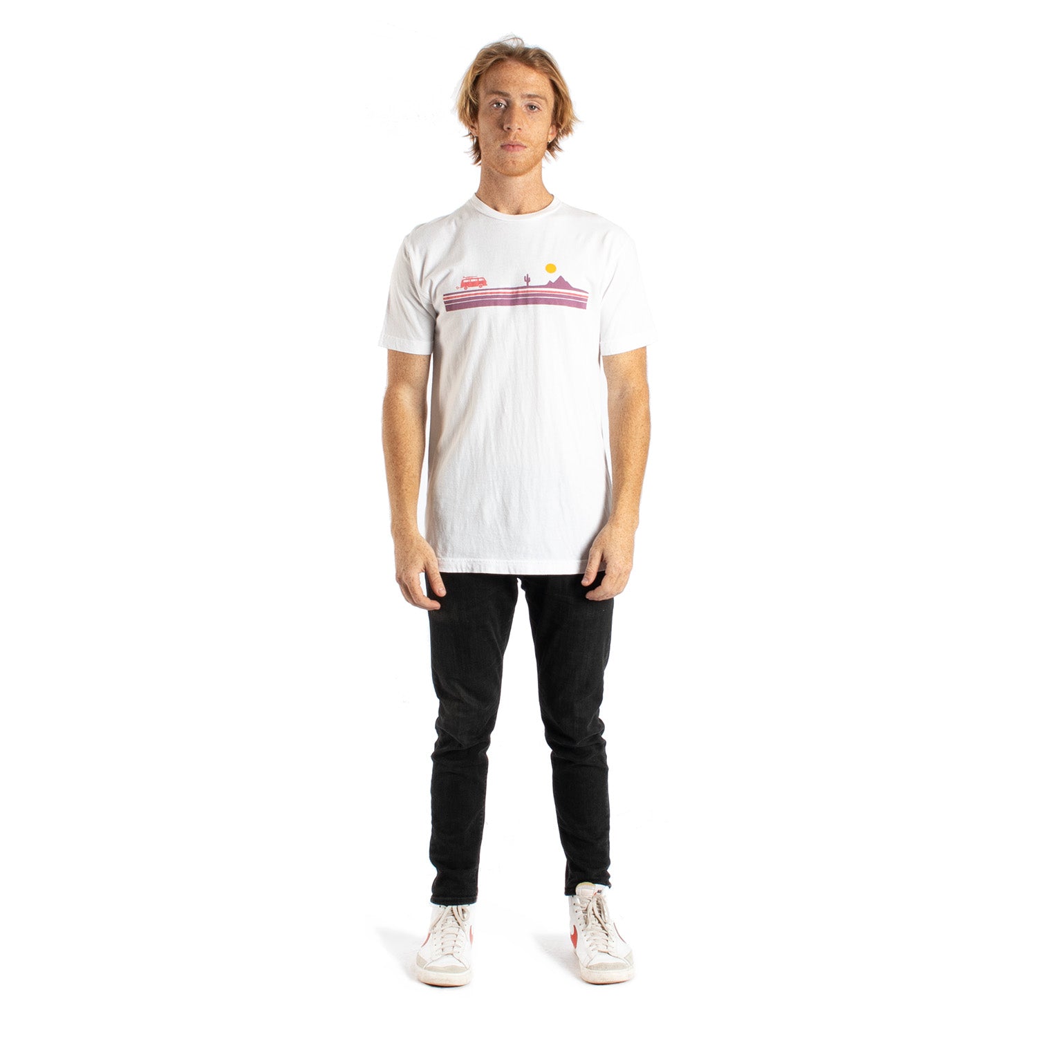 Desert Road Trip Chest Stripe graphic Tees in various colors