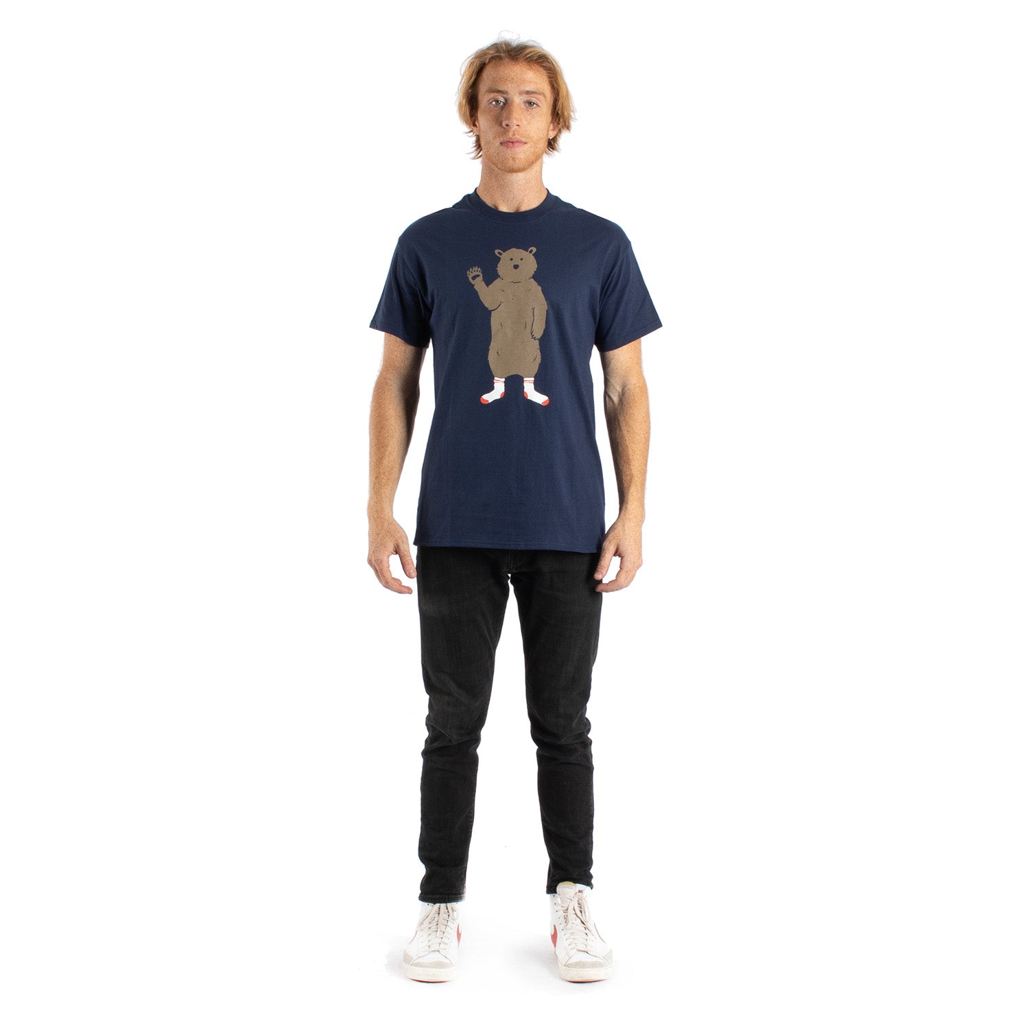 AWKARD BEAR IN SOCK, navy graphic tee by Altru Apparel