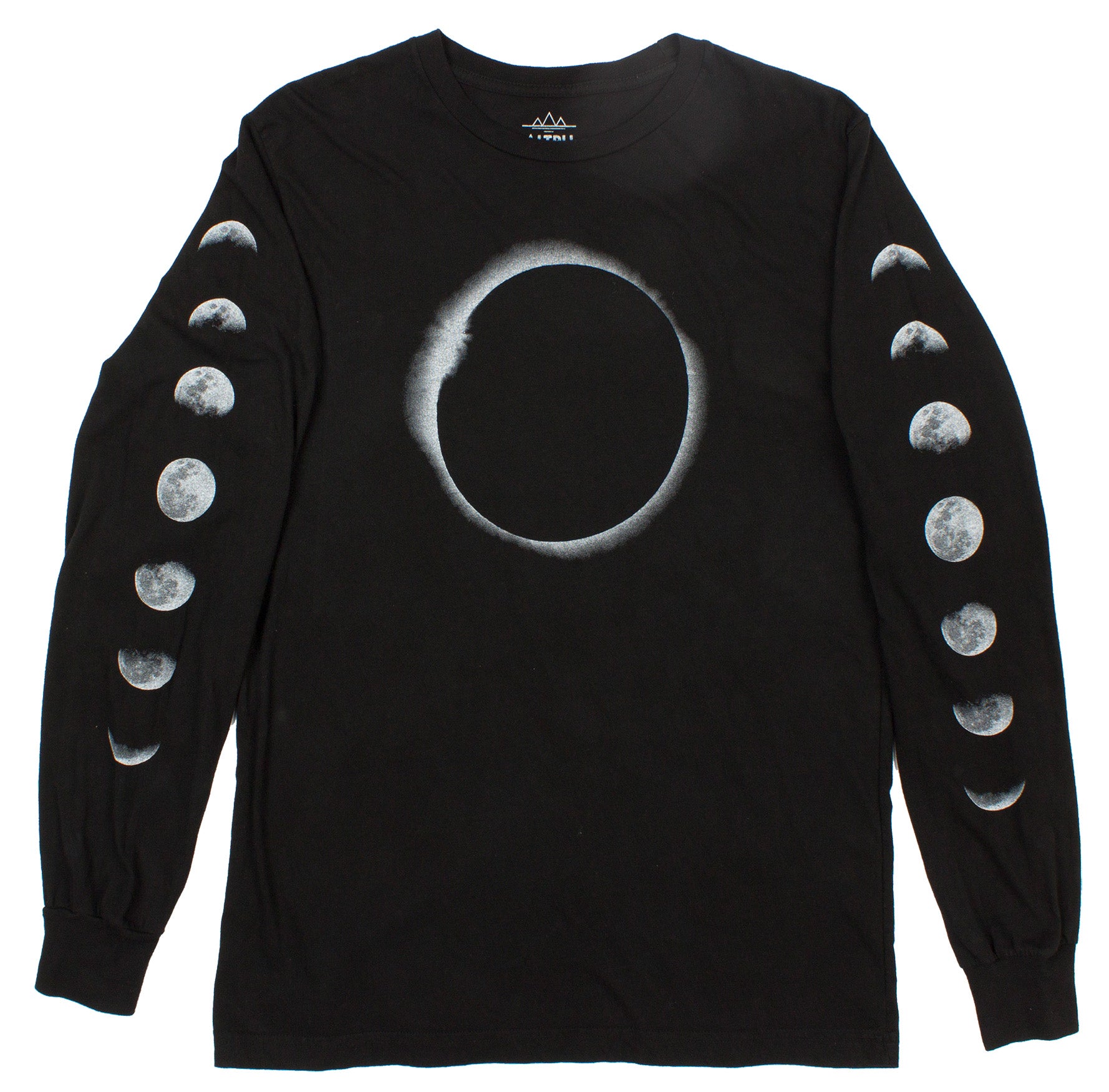 Full front photo of Lunar graphic phases long sleeve tee printed on both sleeves with a large eclipse graphic on front chest.