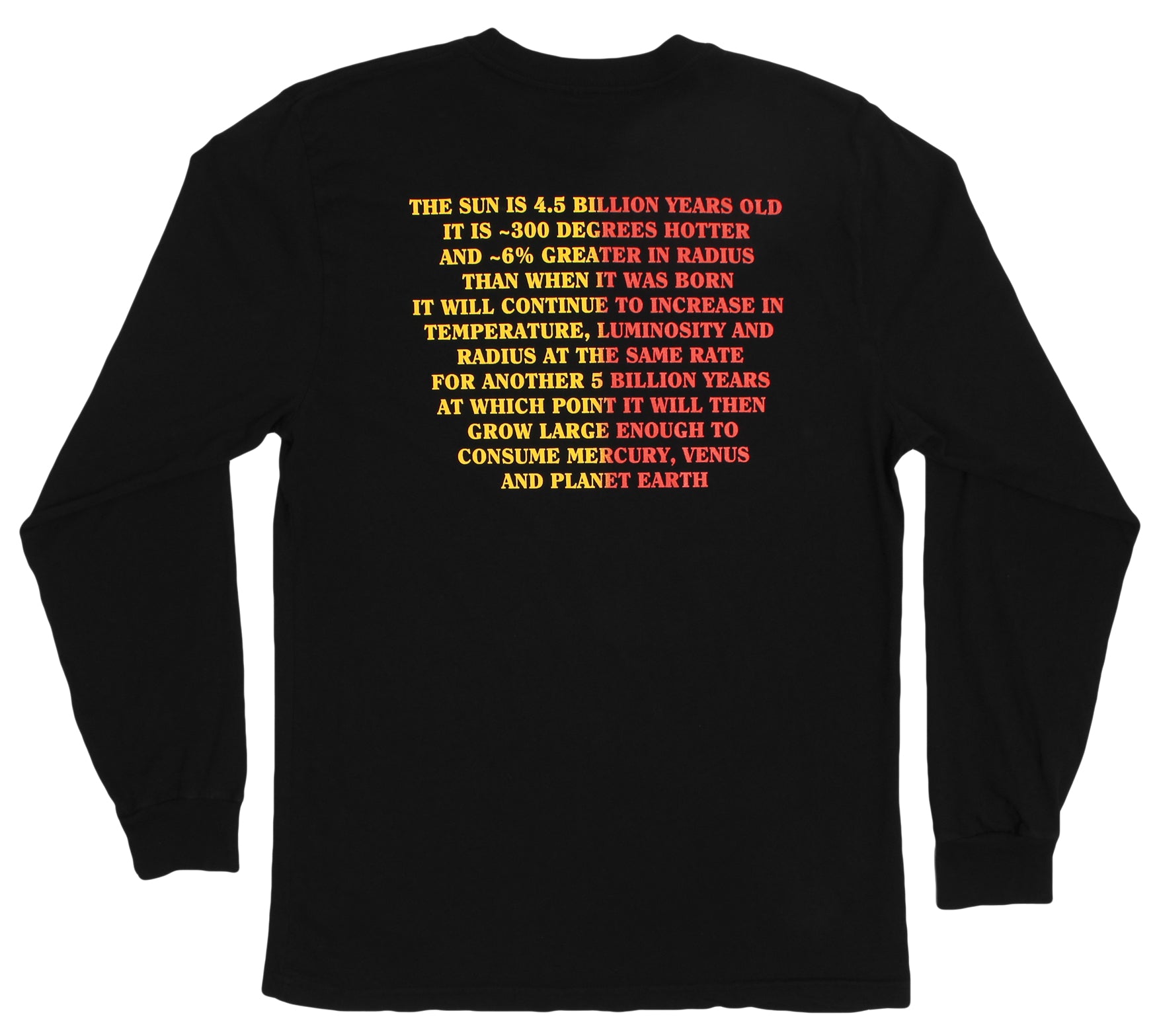 Fun Sun Facts about the sun dying, black long sleeve graphic tee