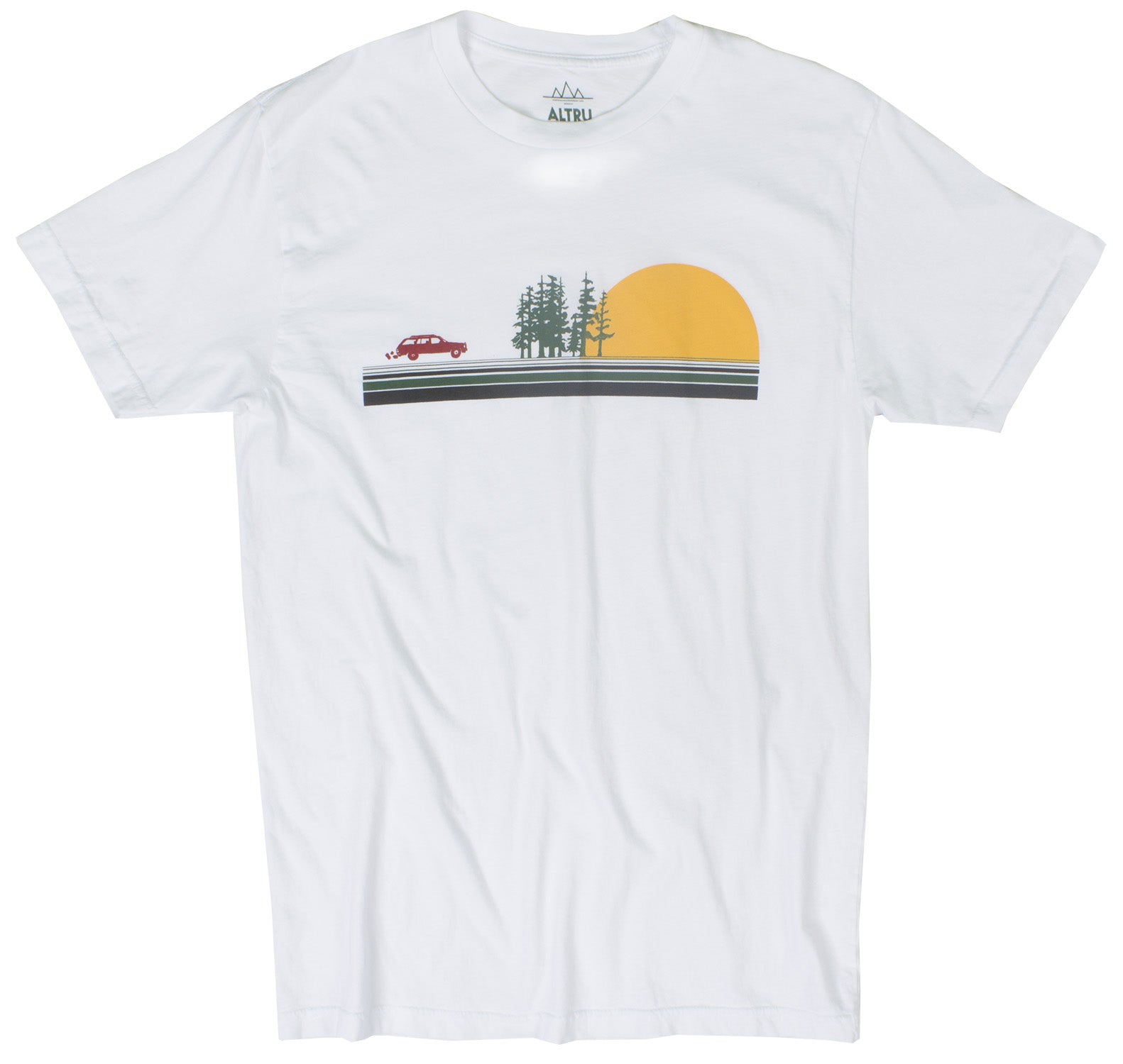 Road Trip Setting Sun Striped white graphic tee