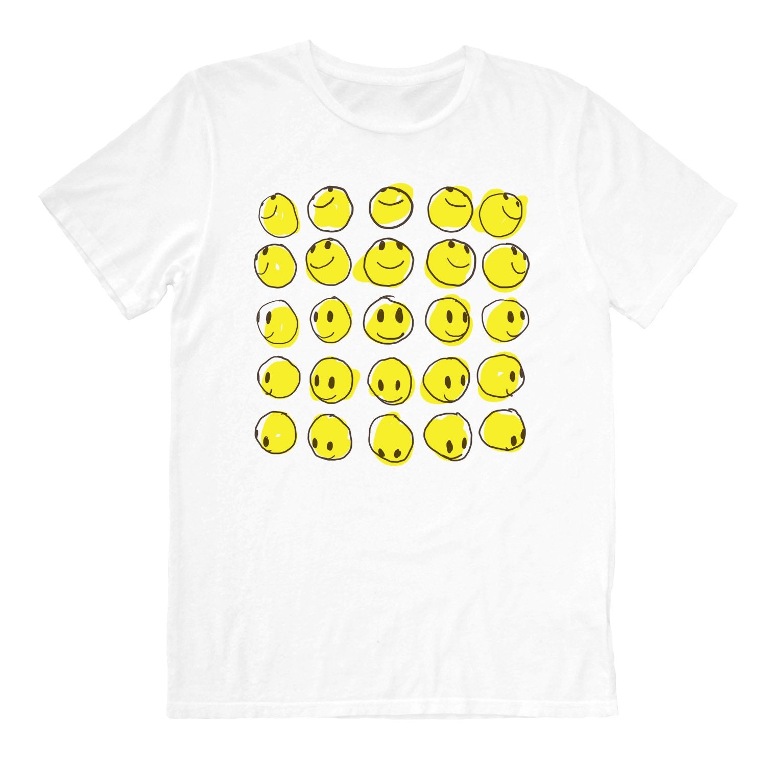 Happy faces in a group on white graphic mens tee front