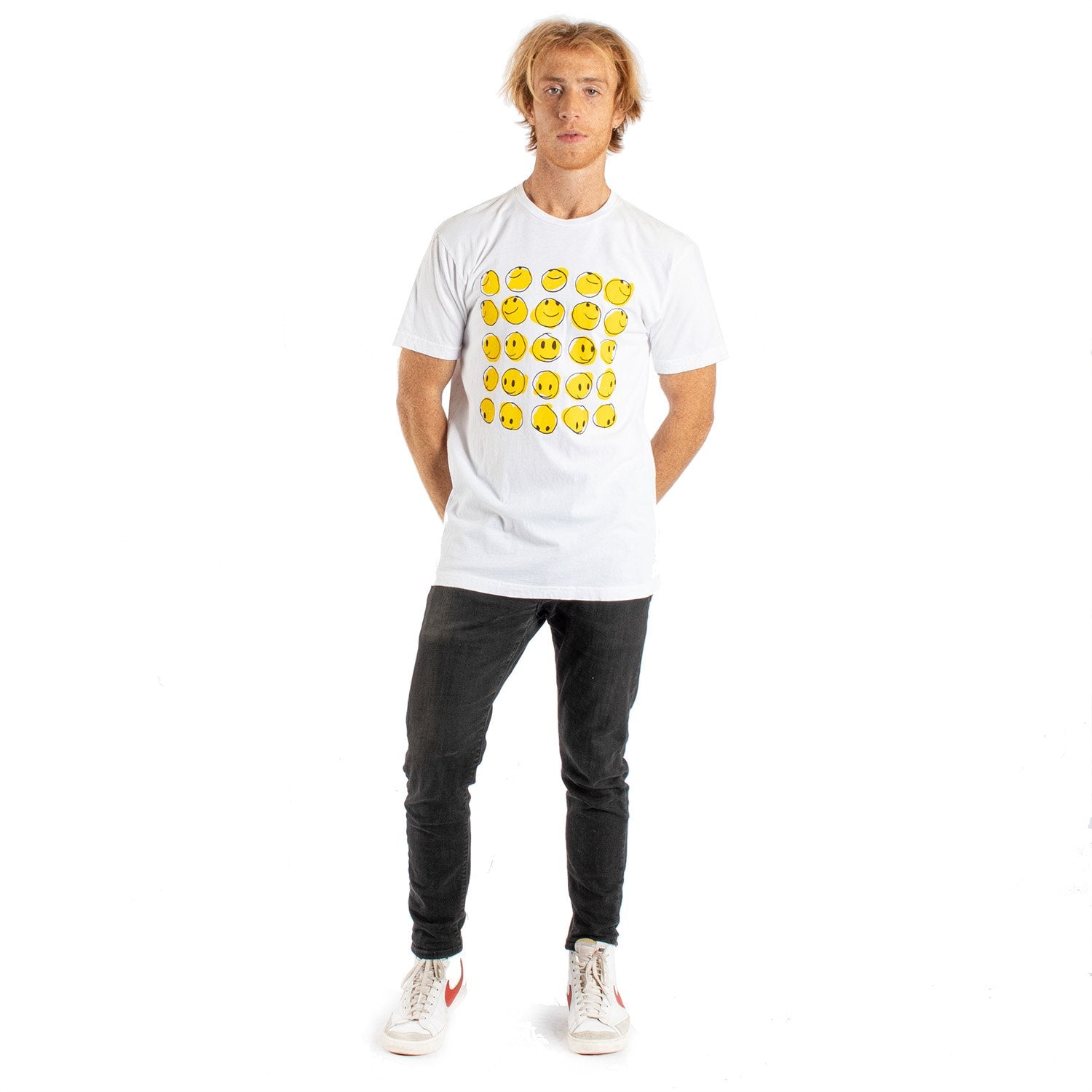 Happy faces in a group on white graphic mens tee front