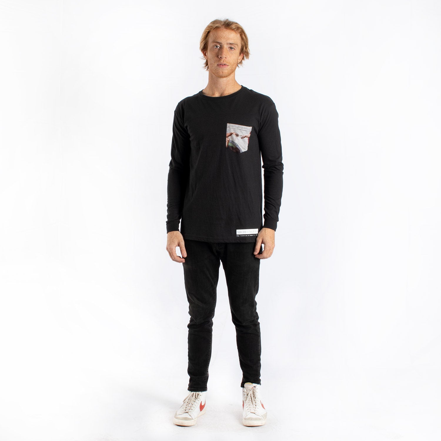 Michelangelo Creation Of Adam pocket long sleeve graphic tee