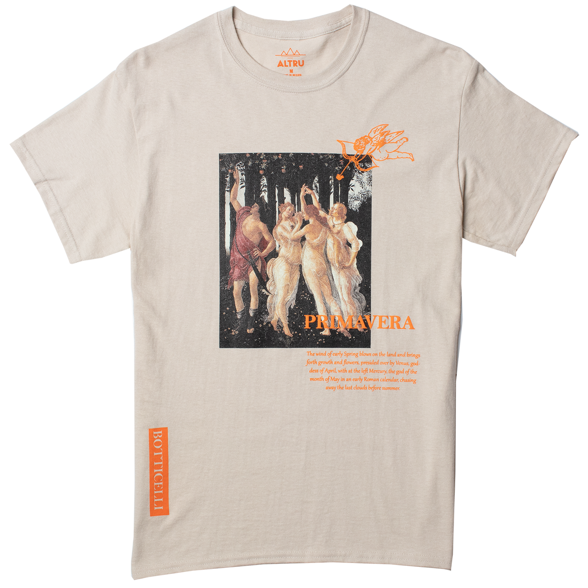 Full front photo of Altru Apparel&#39;s Botticelli Primavera painting with puff ink accents and high-density ink on front chest and waist.