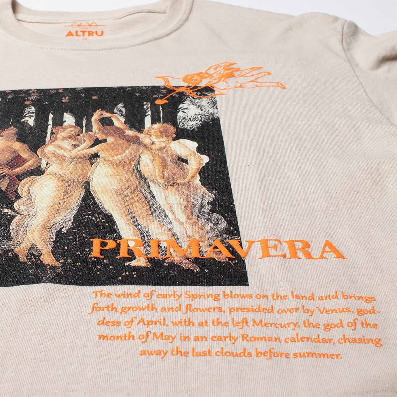 Close-up detail photo of puff ink accents Altru Apparel's Botticelli Primavera painting with puff ink accents and high-density ink on front chest and waist.