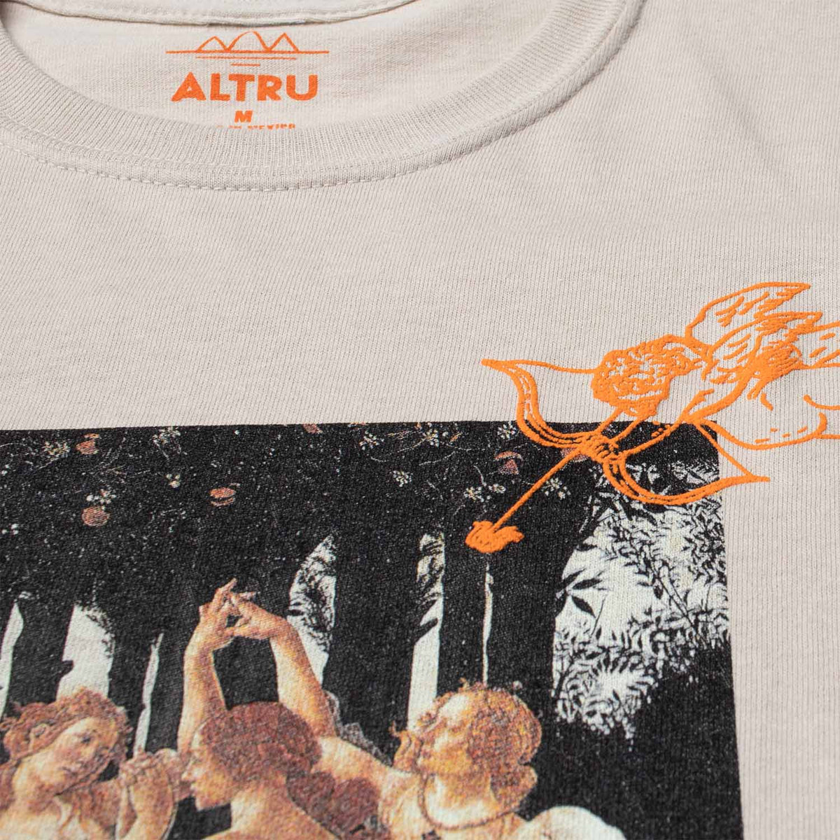 Close-up detail photo of Altru Apparel's Botticelli Primavera painting with puff ink accents and high-density ink on front chest and waist.