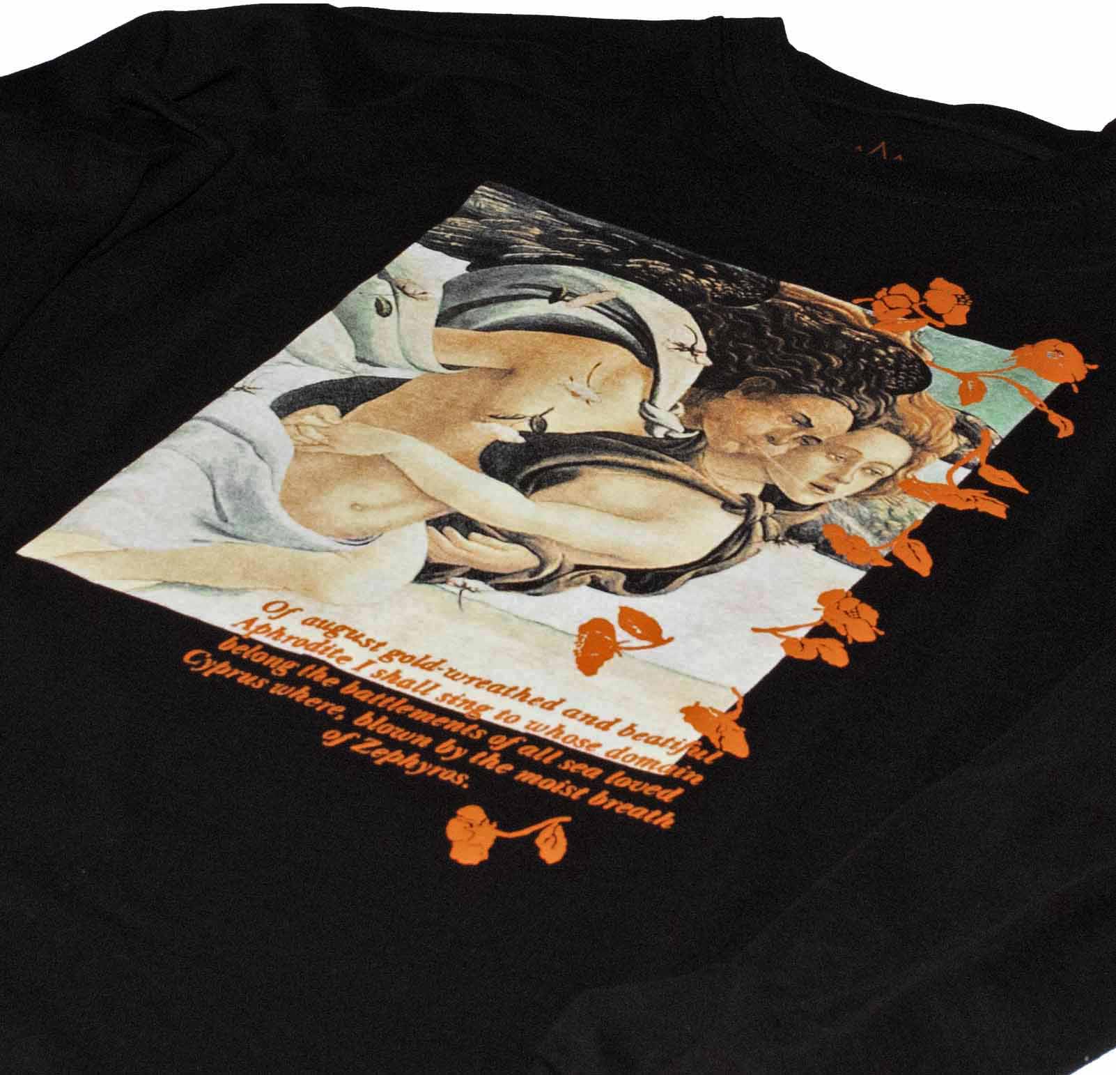 Full front photo of Altru Apparel's Zephyros Aphrodite myth story art painting screen printed on front chest with 3D puff ink and flat ink. Black long sleeve tee cut in a men's standard fit. 