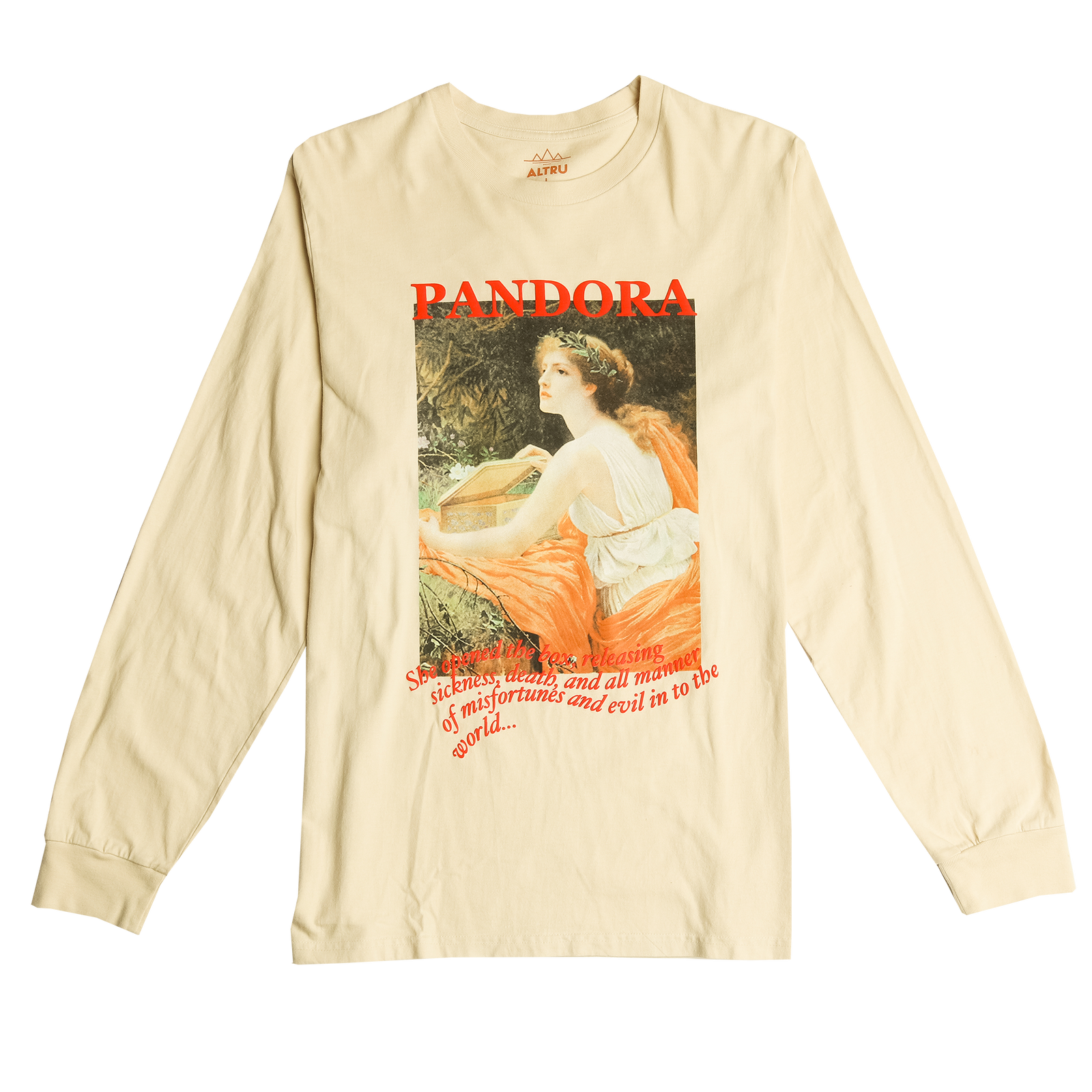 Full front photo of Altru Apparel Classic Pandora painting myth story screen printed graphic on front chest of long sleeve tan shirt with 3D puff ink accents.