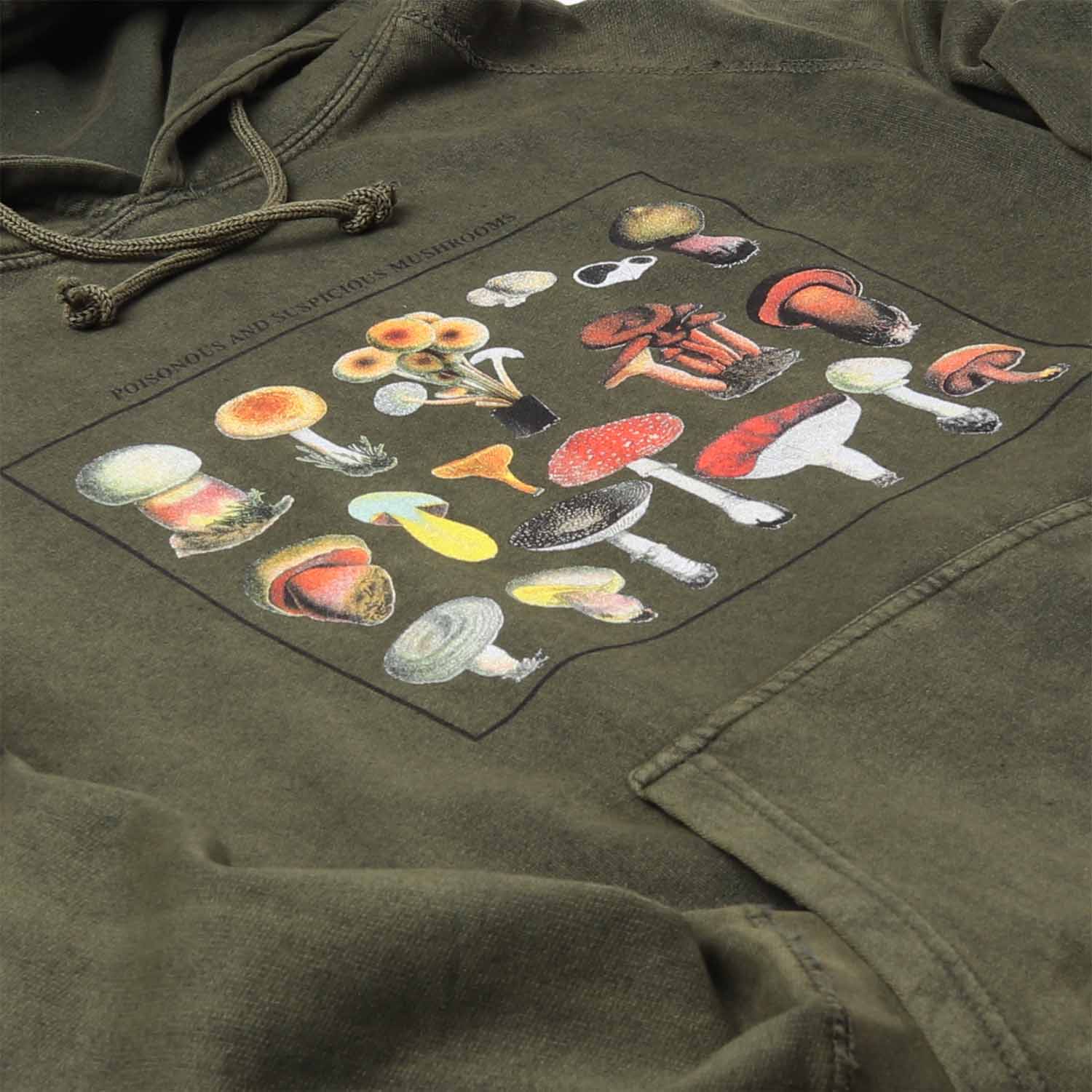 Altru Apparel's Mushroom species graphic screen printed on chest. Pigment dye hoodie processed for a vintage look and feel on a smoke green relaxed fit men's hoodie. Angled closeup photo of mushrooms graphics. 2