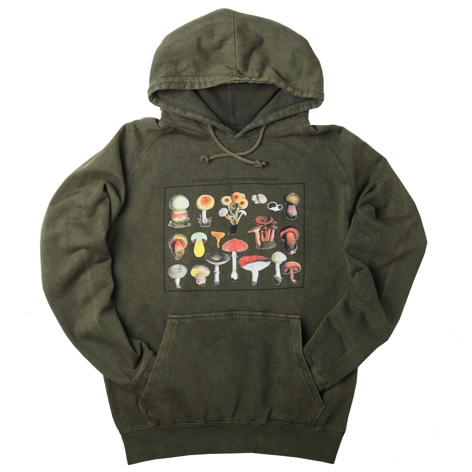Altru Apparel's Mushroom species graphic screen printed on chest. Pigment dye hoodie processed for a vintage look and feel on a smoke green relaxed fit men's hoodie. Full front photo.