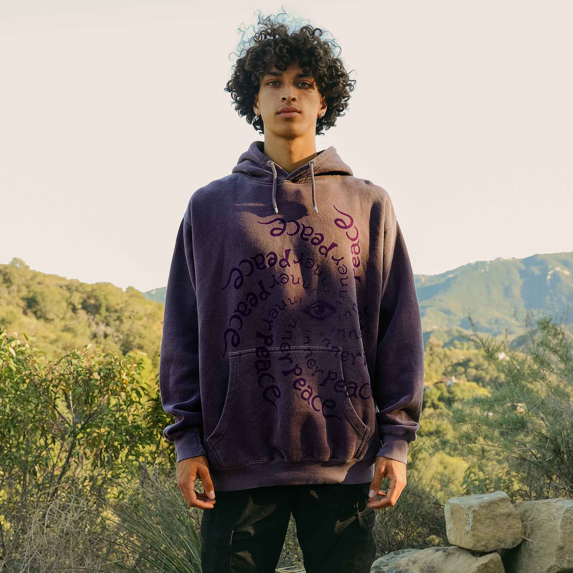 Full front photo Altru Inner Peace Dark Purple Hoodie. Garment dyed and washed for soft vintage look and feel,