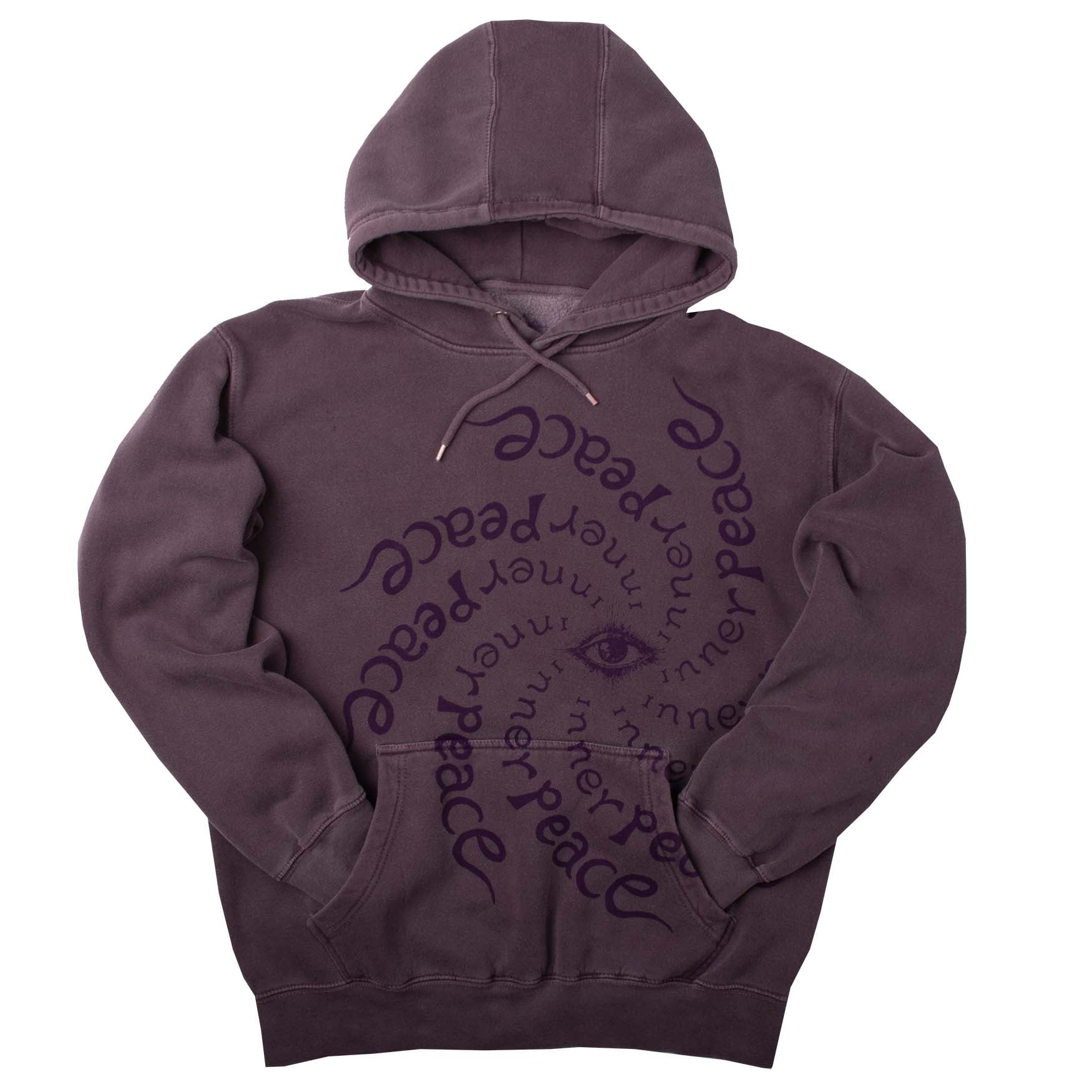 Full front photo Altru Inner Peace Dark Purple Hoodie. Garment dyed and washed for soft vintage look and feel,