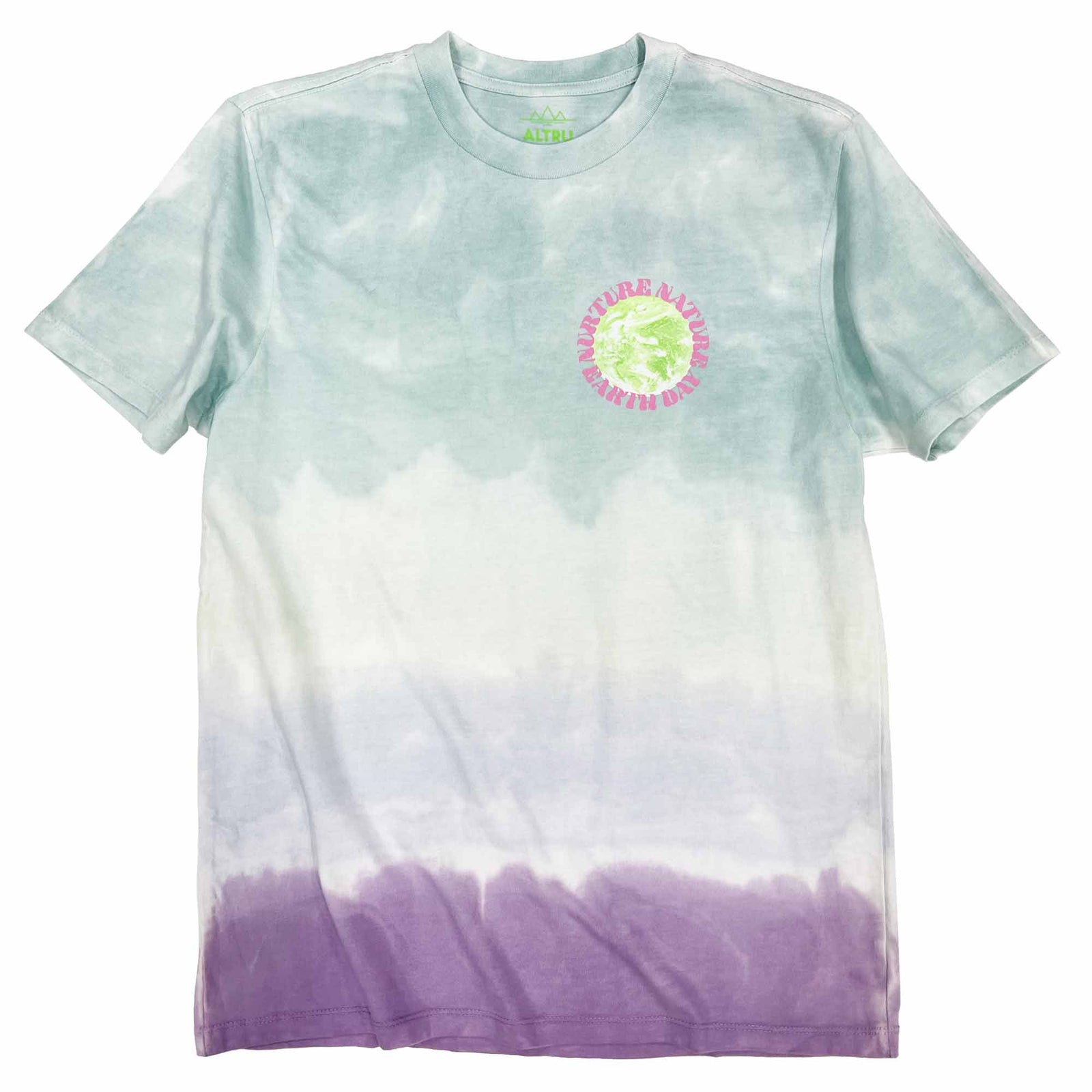 Altru Nurture Nature graphic on multi color dyed t-shirt. Chest graphic on the front.