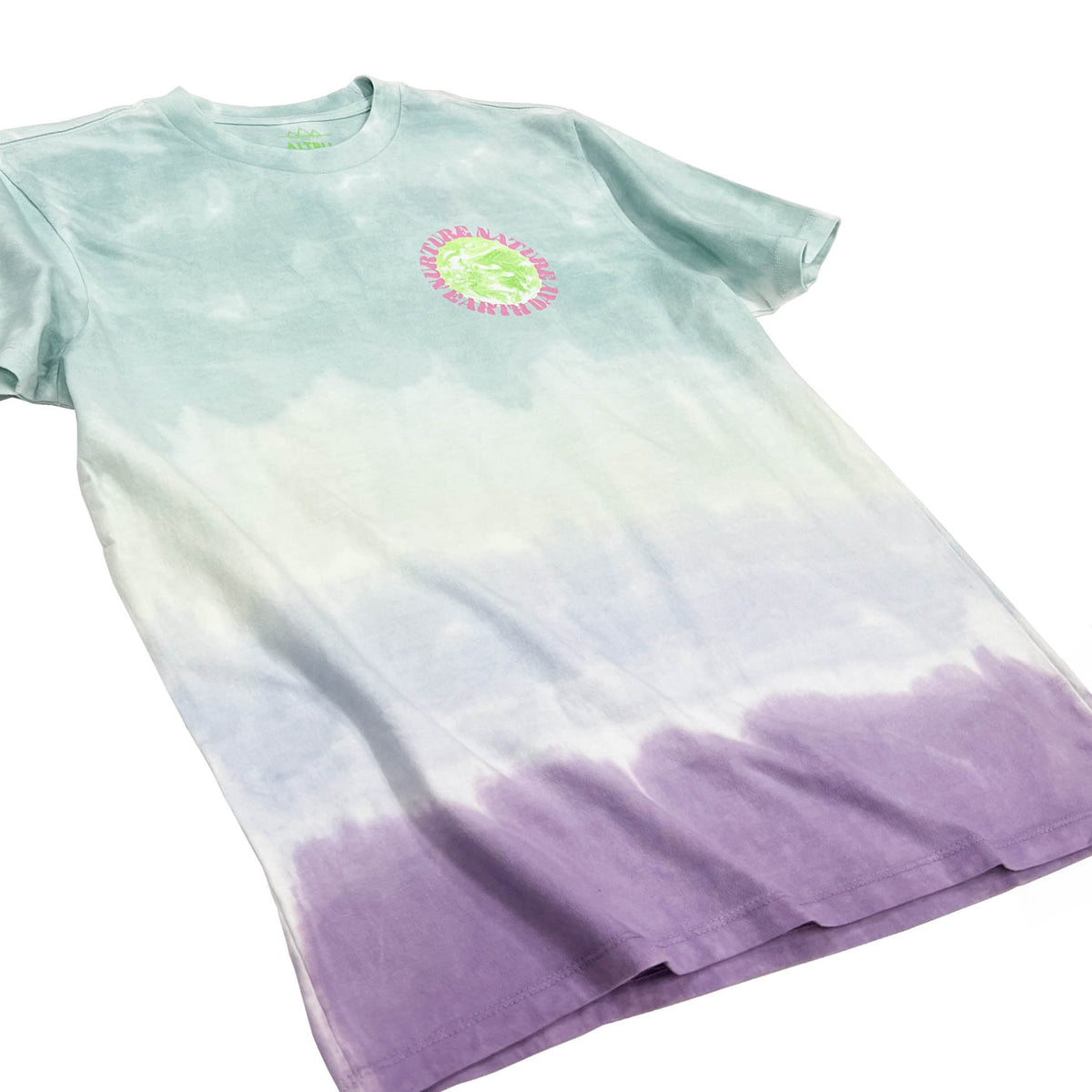 Altru Nurture Nature graphic on the multi-color dyed t-shirt. Chest graphic on the front. 2