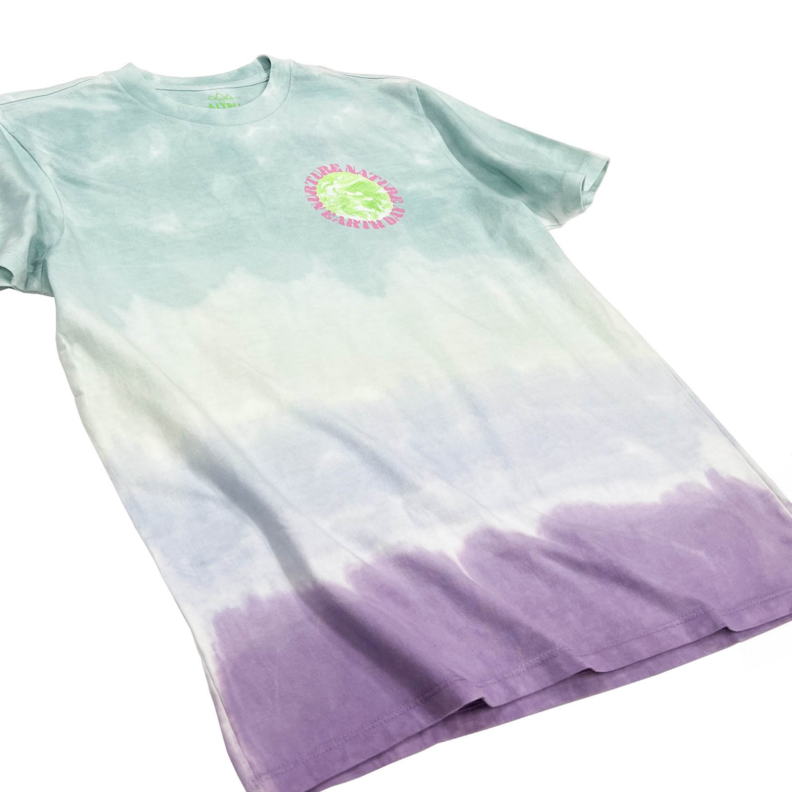 Altru Nurture Nature graphic on the multi-color dyed t-shirt. Chest graphic on the front. 2