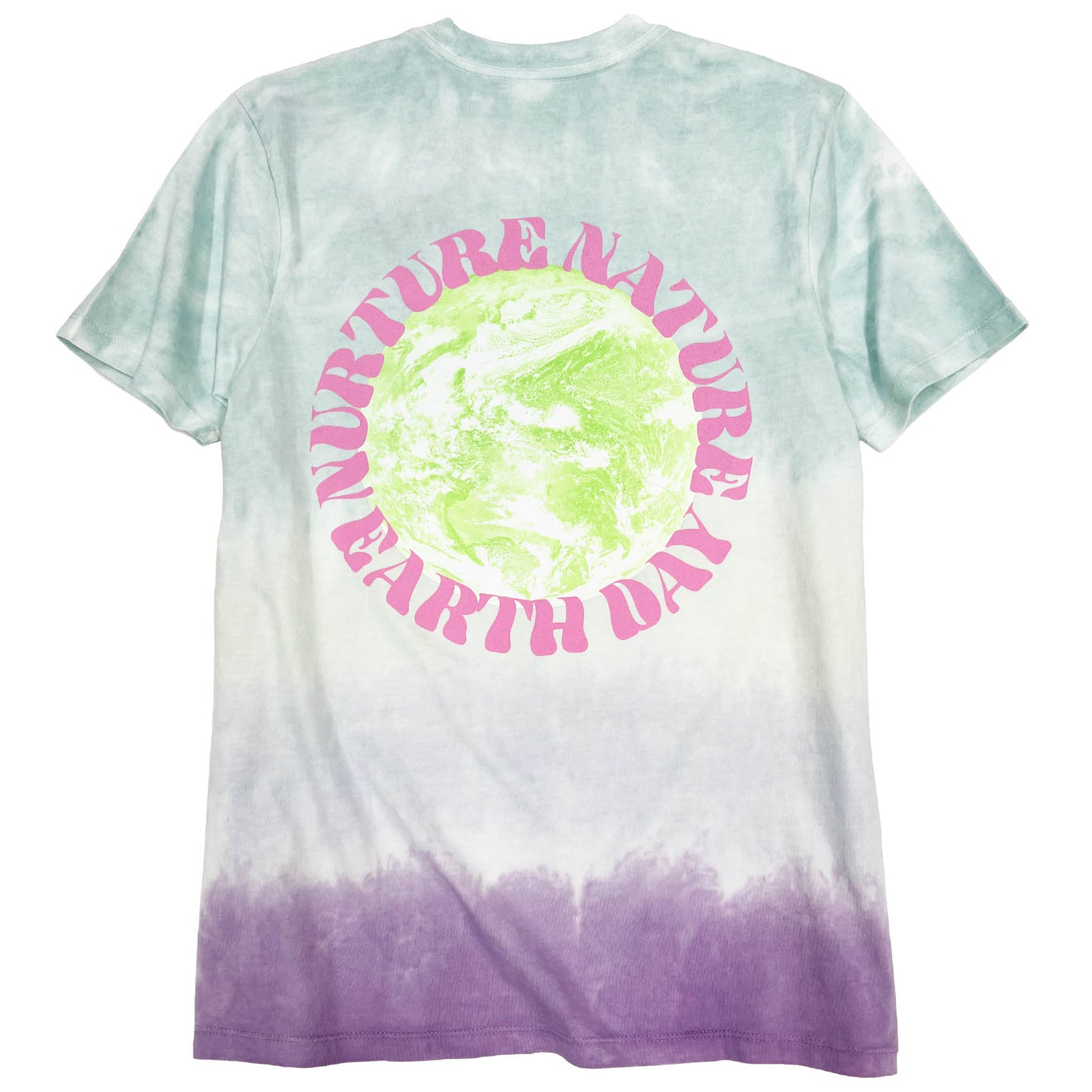 Nurture Nature pink text around on green earth graphic on the back of the shirt.