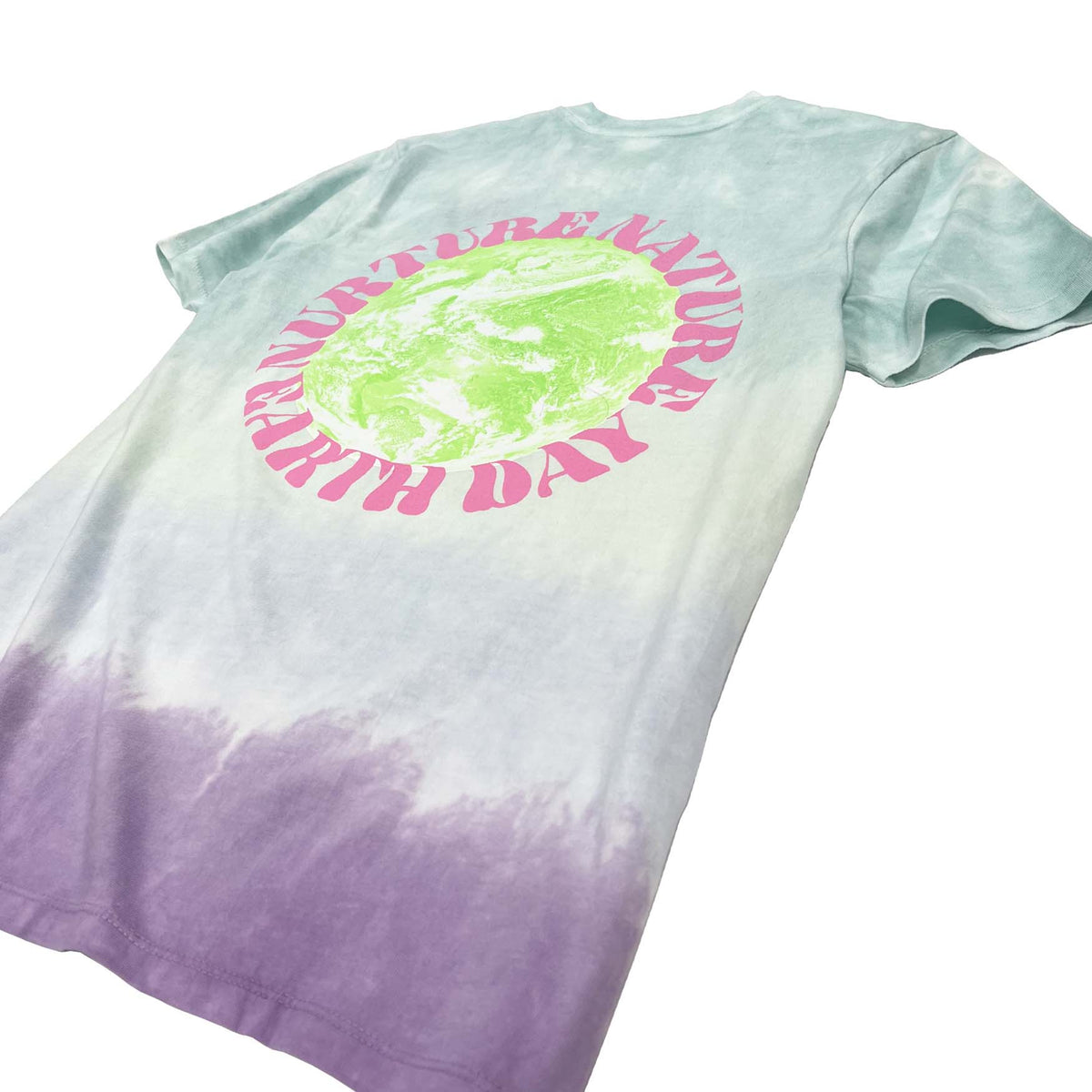 Nurture Nature pink text around on green earth graphic on the back of the shirt. 2